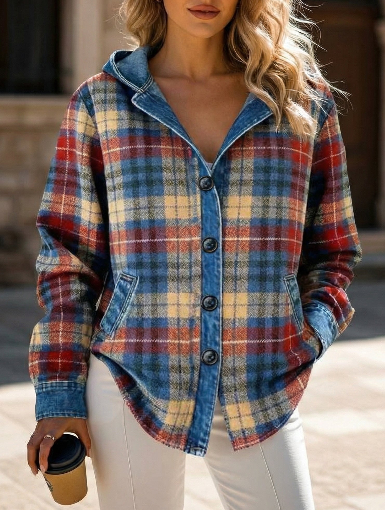 Loose Plaid Hooded Cardigan Sweatshirt_CWOHOL00816