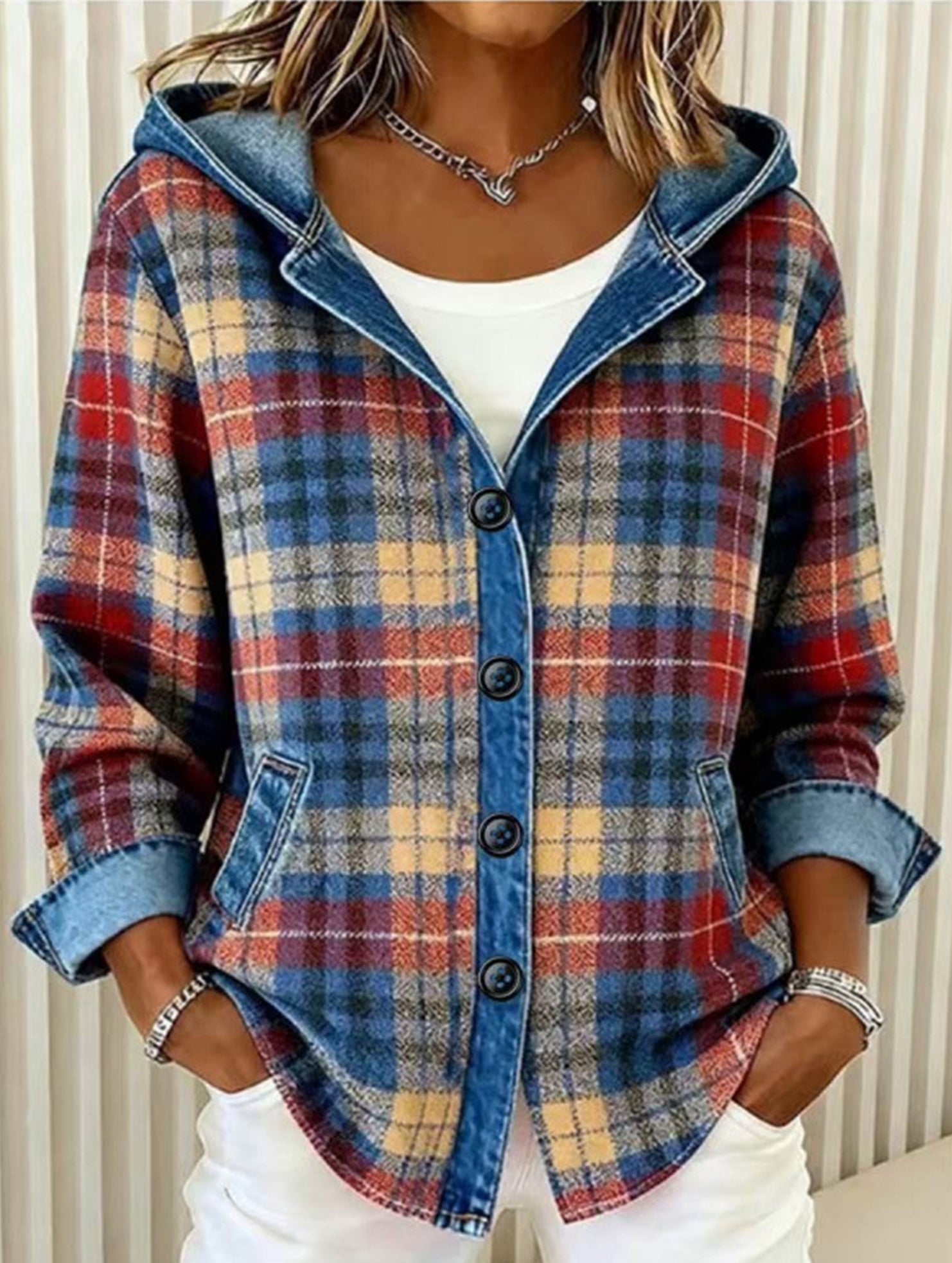 Loose Plaid Hooded Cardigan Sweatshirt_CWOHOL00816