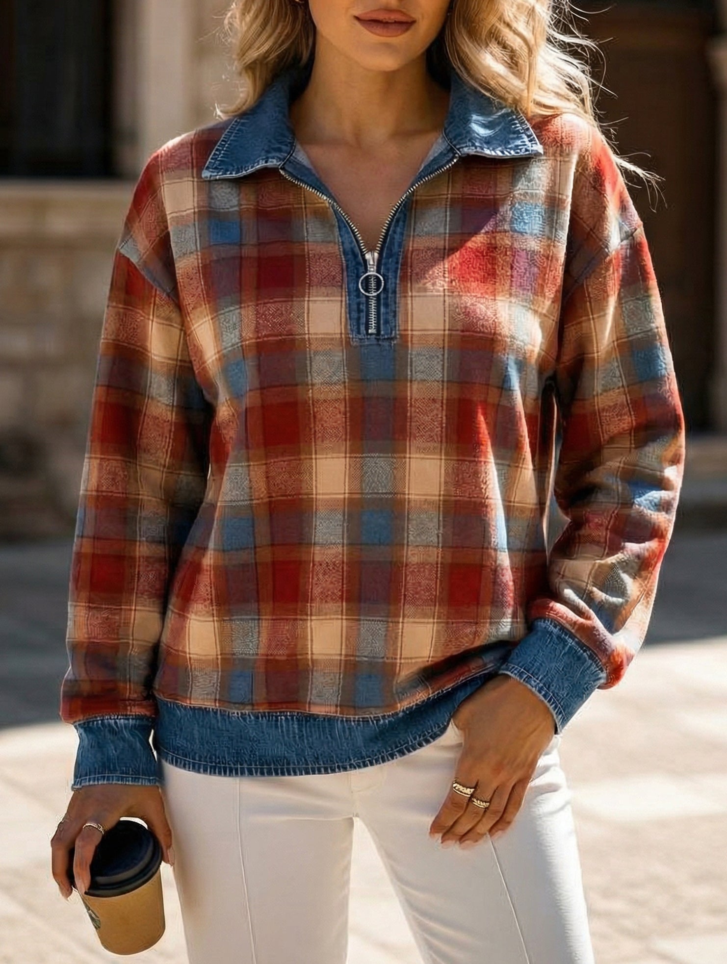 Loose Plaid Hooded Cardigan Sweatshirt_CWOHOL00816