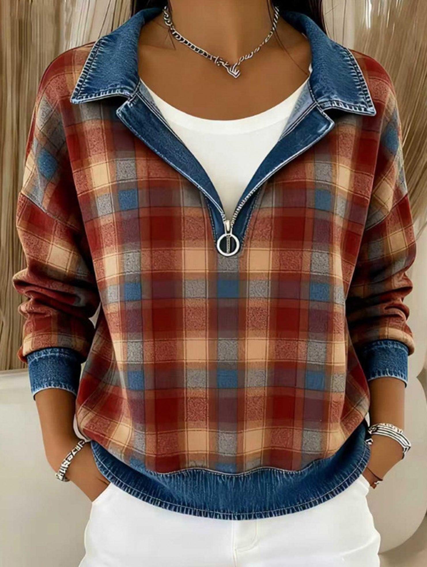 Loose Plaid Hooded Cardigan Sweatshirt_CWOHOL00816