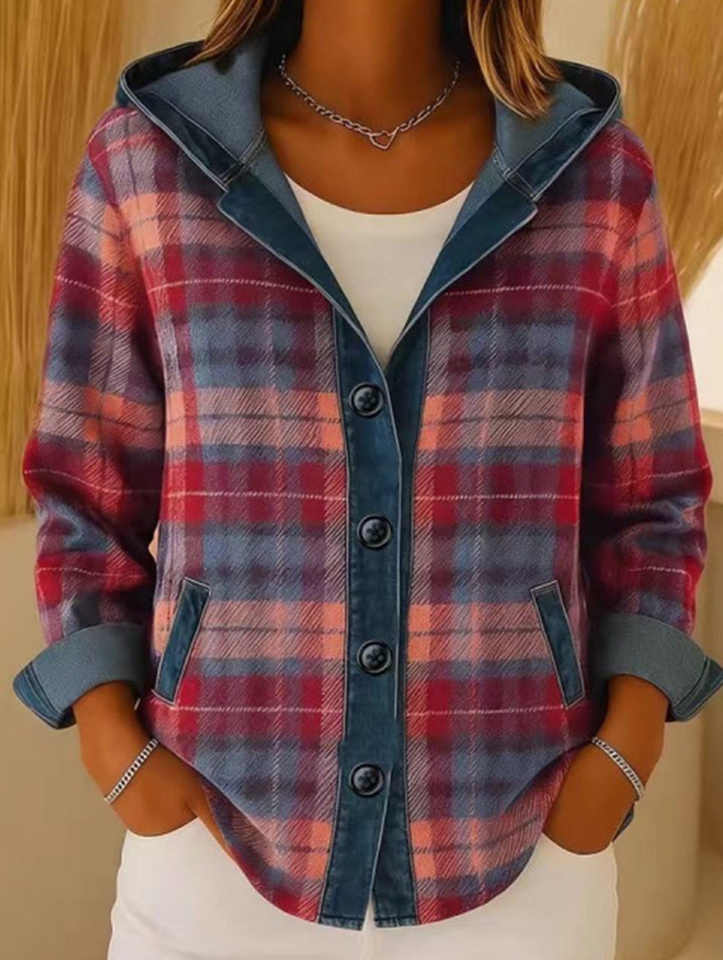 Loose Plaid Hooded Cardigan Sweatshirt_CWOHOL00816