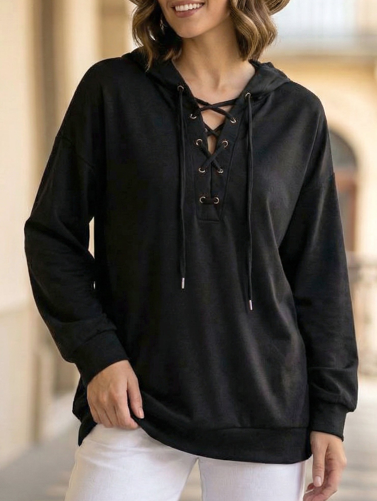 Lace Up Hooded Casual Sweatshirt_CWOHOL00825