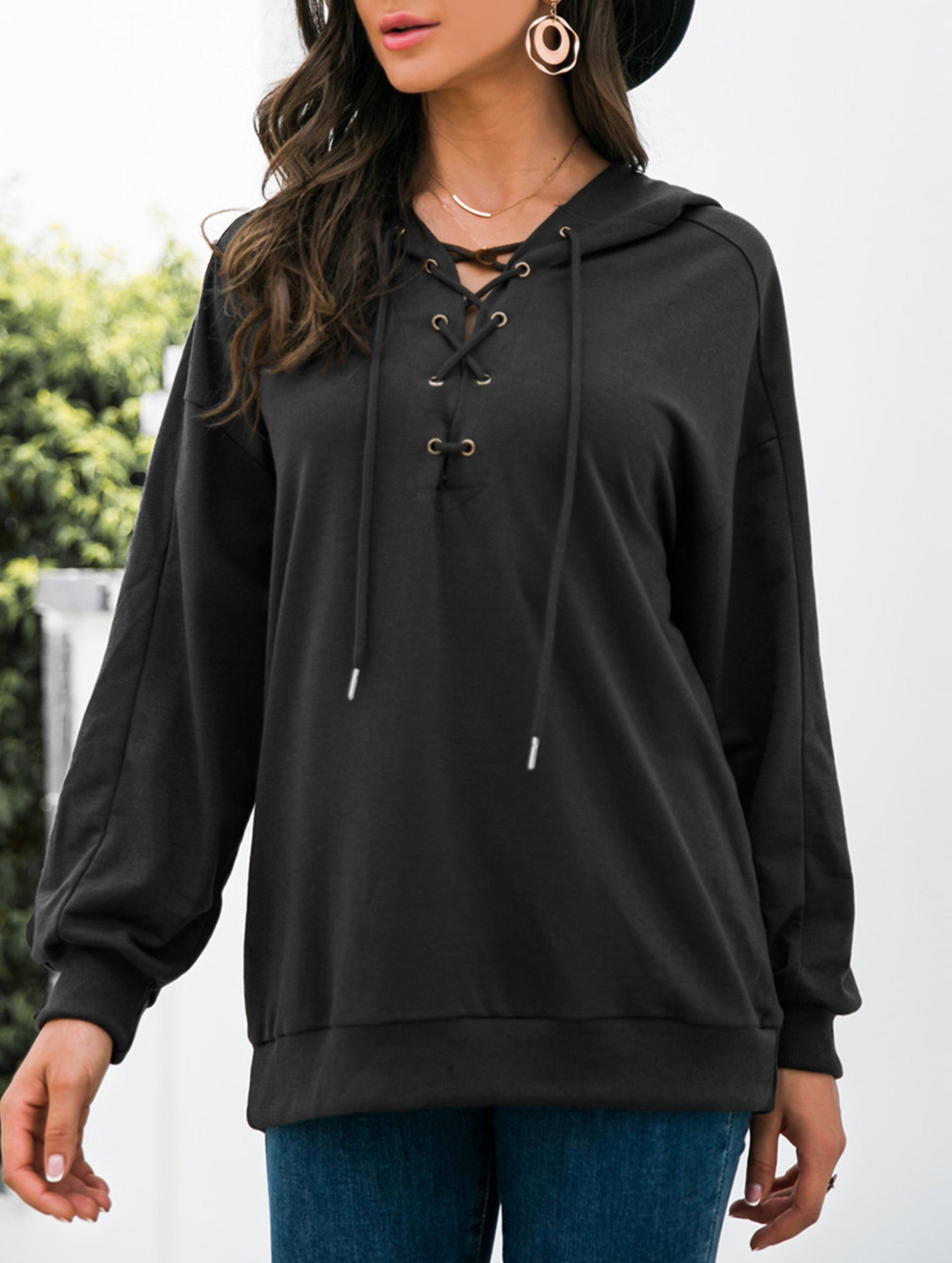 Lace Up Hooded Casual Sweatshirt_CWOHOL00825