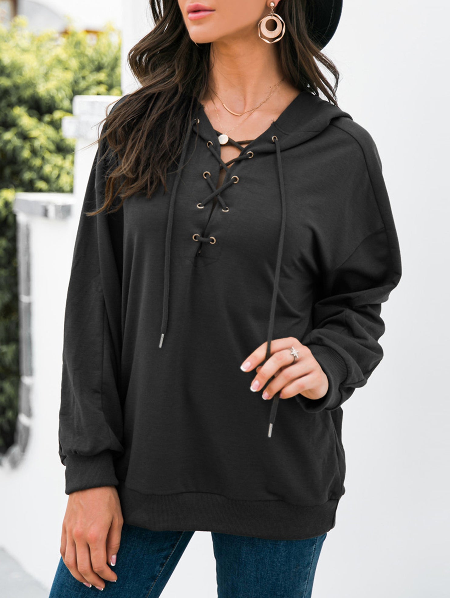 Lace Up Hooded Casual Sweatshirt_CWOHOL00825