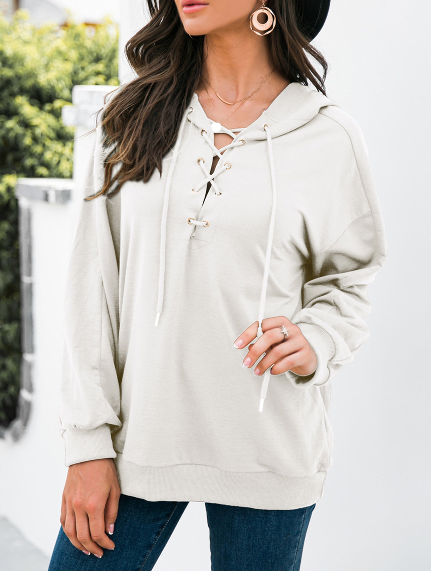 Lace Up Hooded Casual Sweatshirt_CWOHOL00825