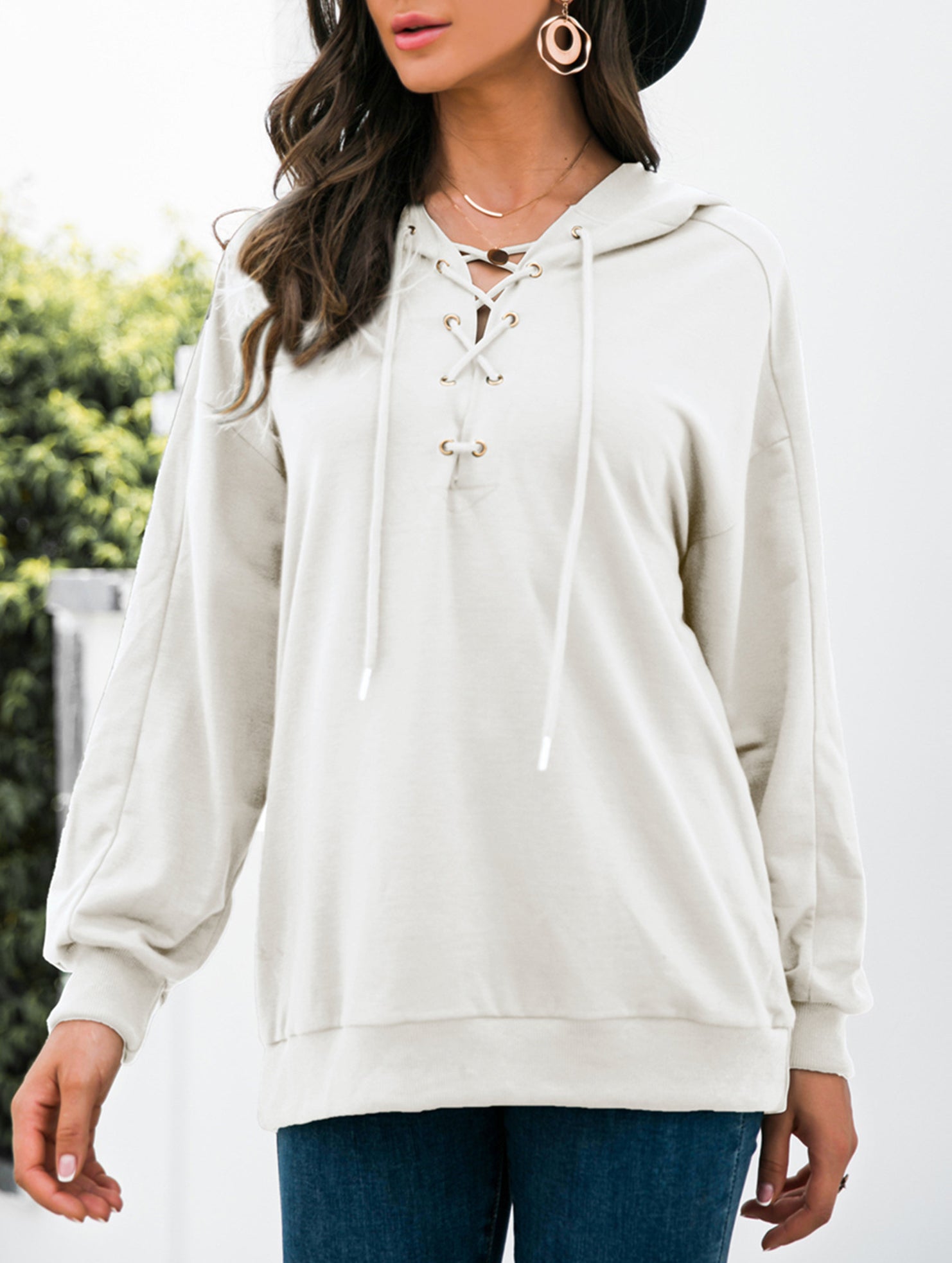 Lace Up Hooded Casual Sweatshirt_CWOHOL00825