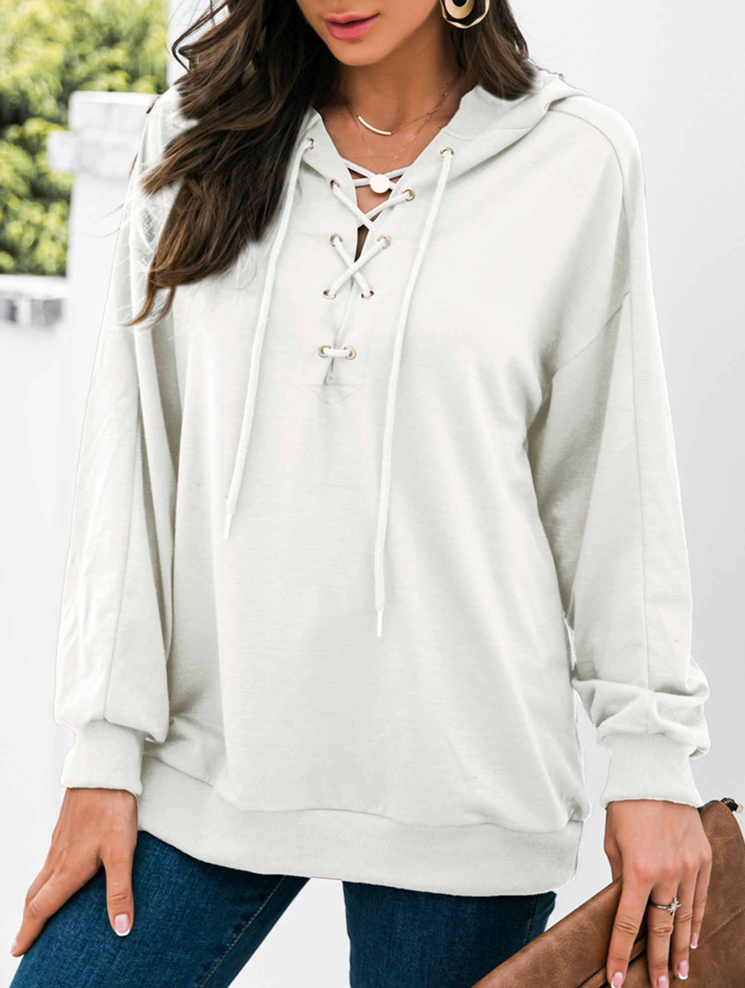 Lace Up Hooded Casual Sweatshirt_CWOHOL00825