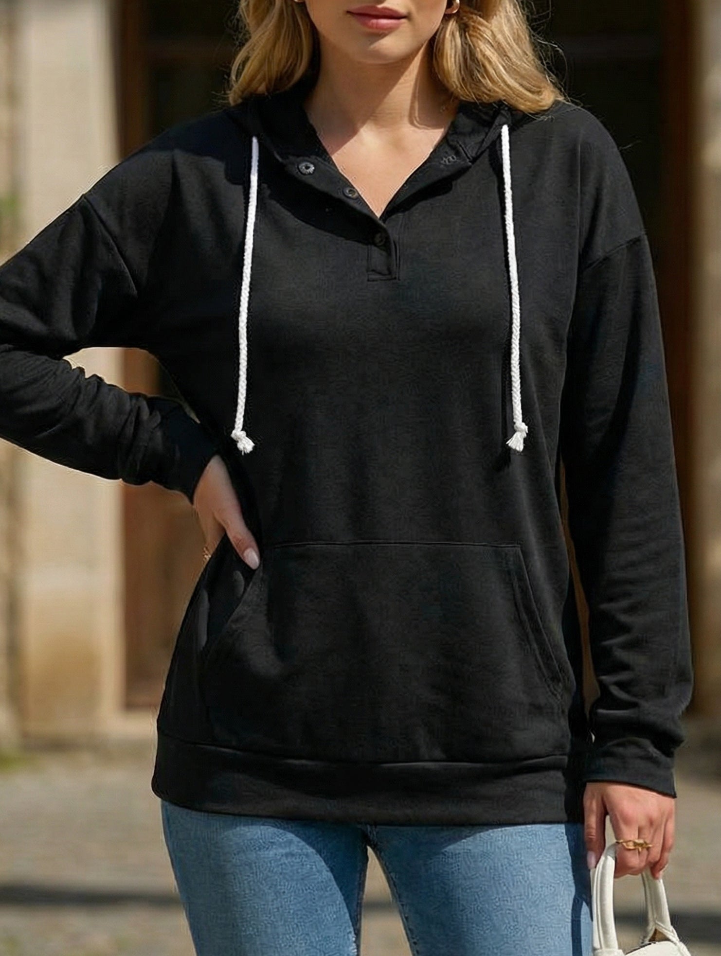 Solid Hooded Drawstring Pocket Sweatshirt_CWOHOL00826