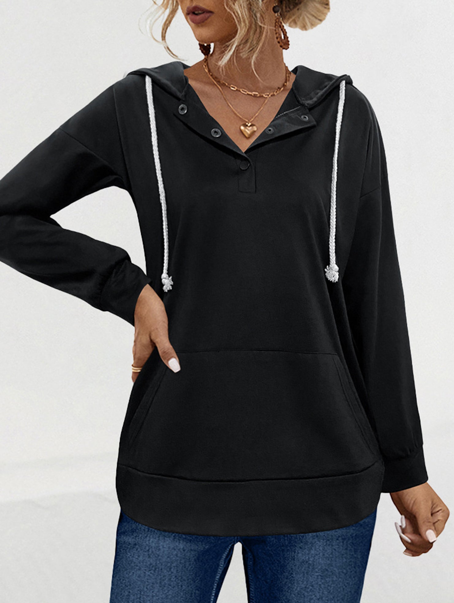 Solid Hooded Drawstring Pocket Sweatshirt_CWOHOL00826