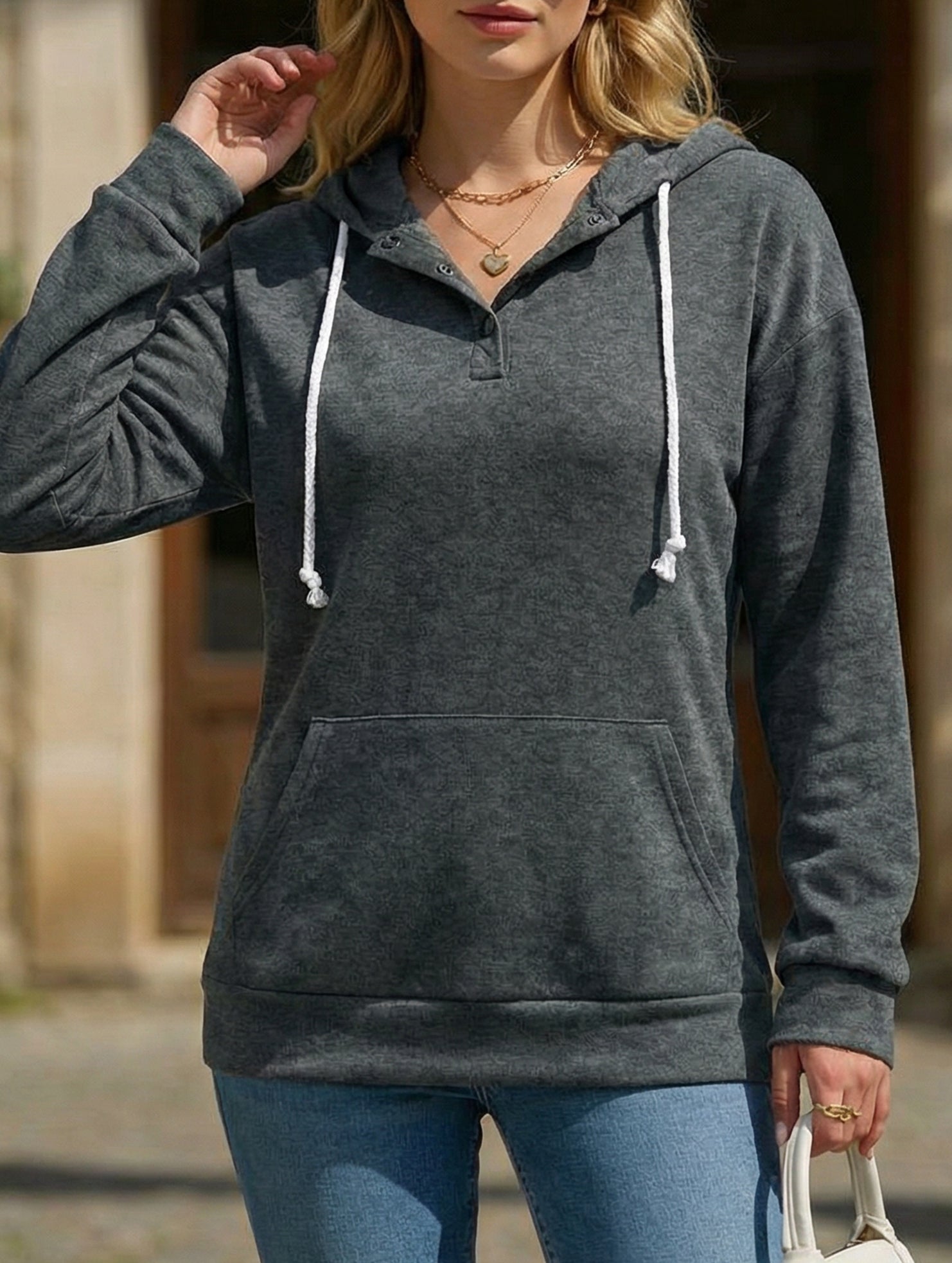 Solid Hooded Drawstring Pocket Sweatshirt