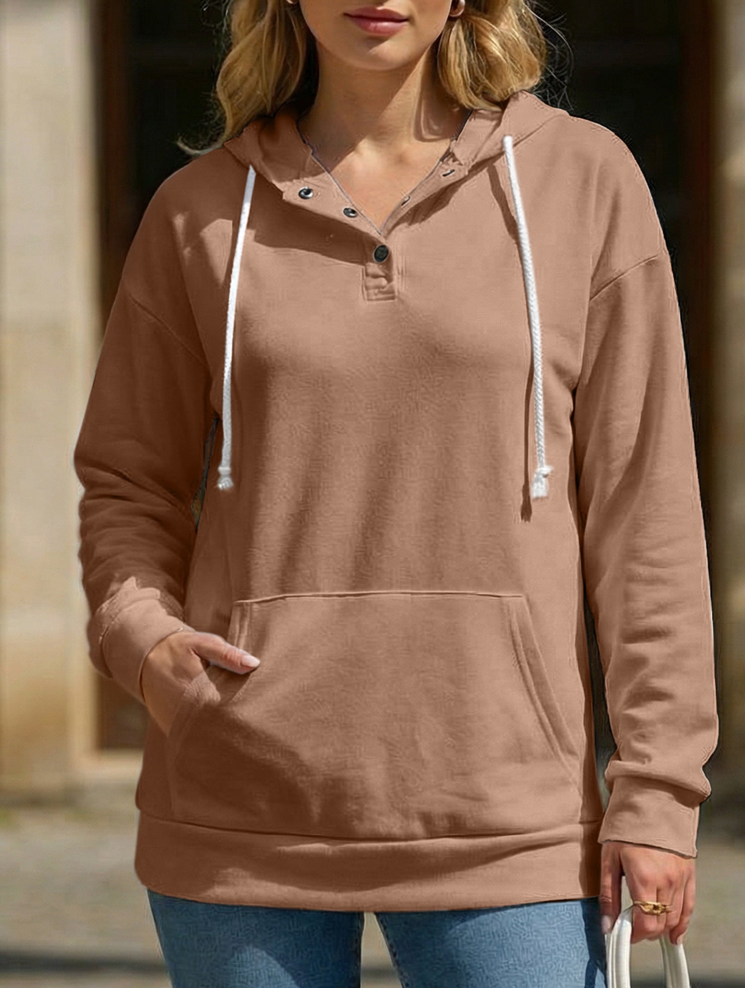 Solid Hooded Drawstring Pocket Sweatshirt