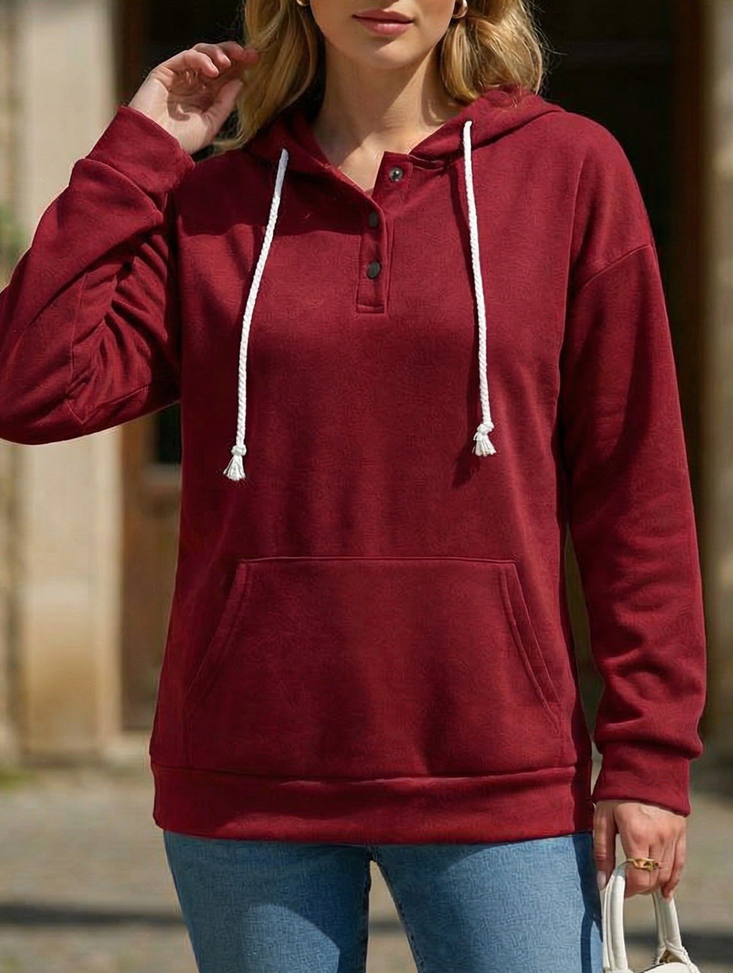 Solid Hooded Drawstring Pocket Sweatshirt_CWOHOL00826