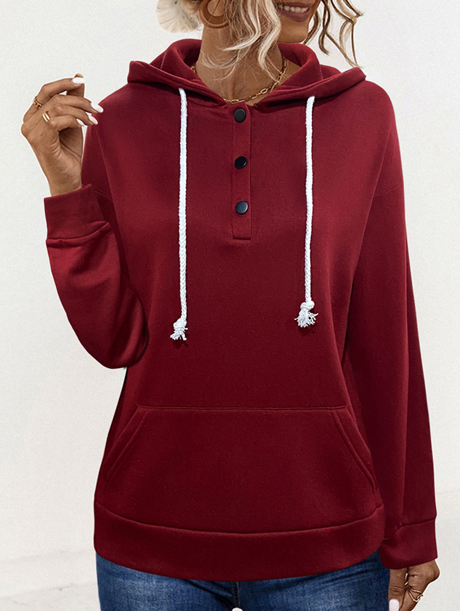 Solid Hooded Drawstring Pocket Sweatshirt_CWOHOL00826