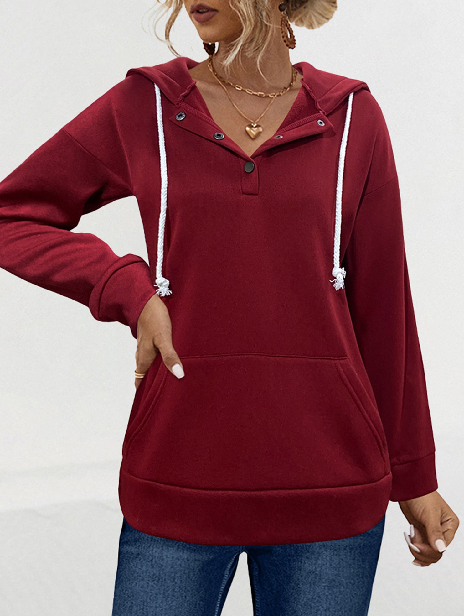Solid Hooded Drawstring Pocket Sweatshirt_CWOHOL00826