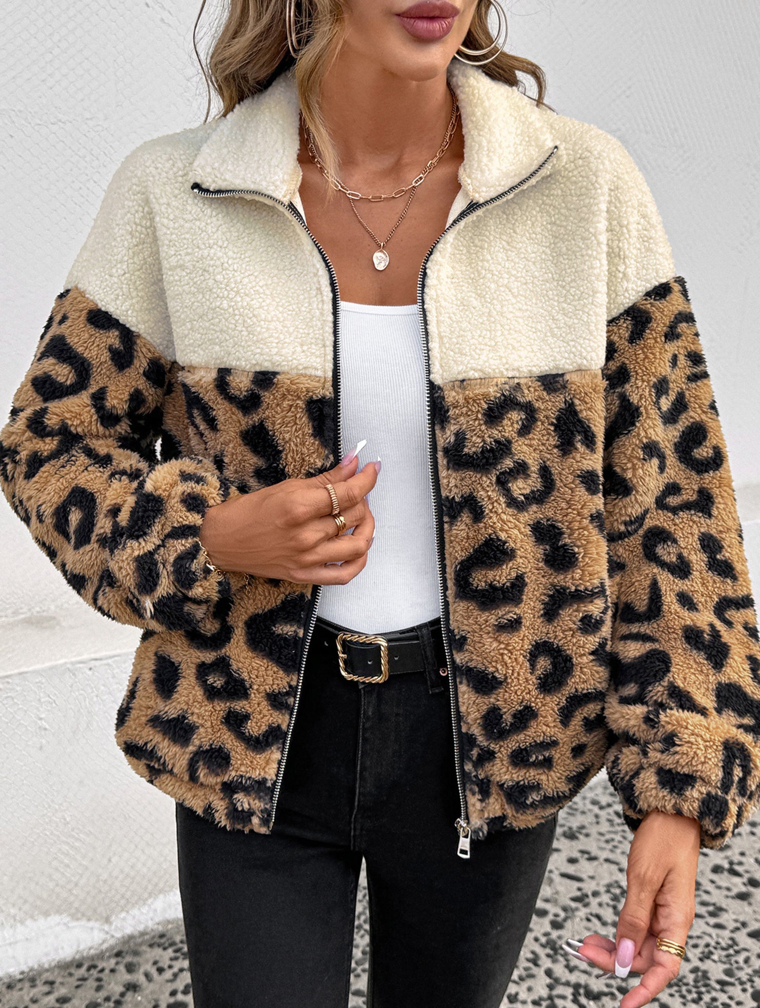 Leopard print wool warm lapel coat