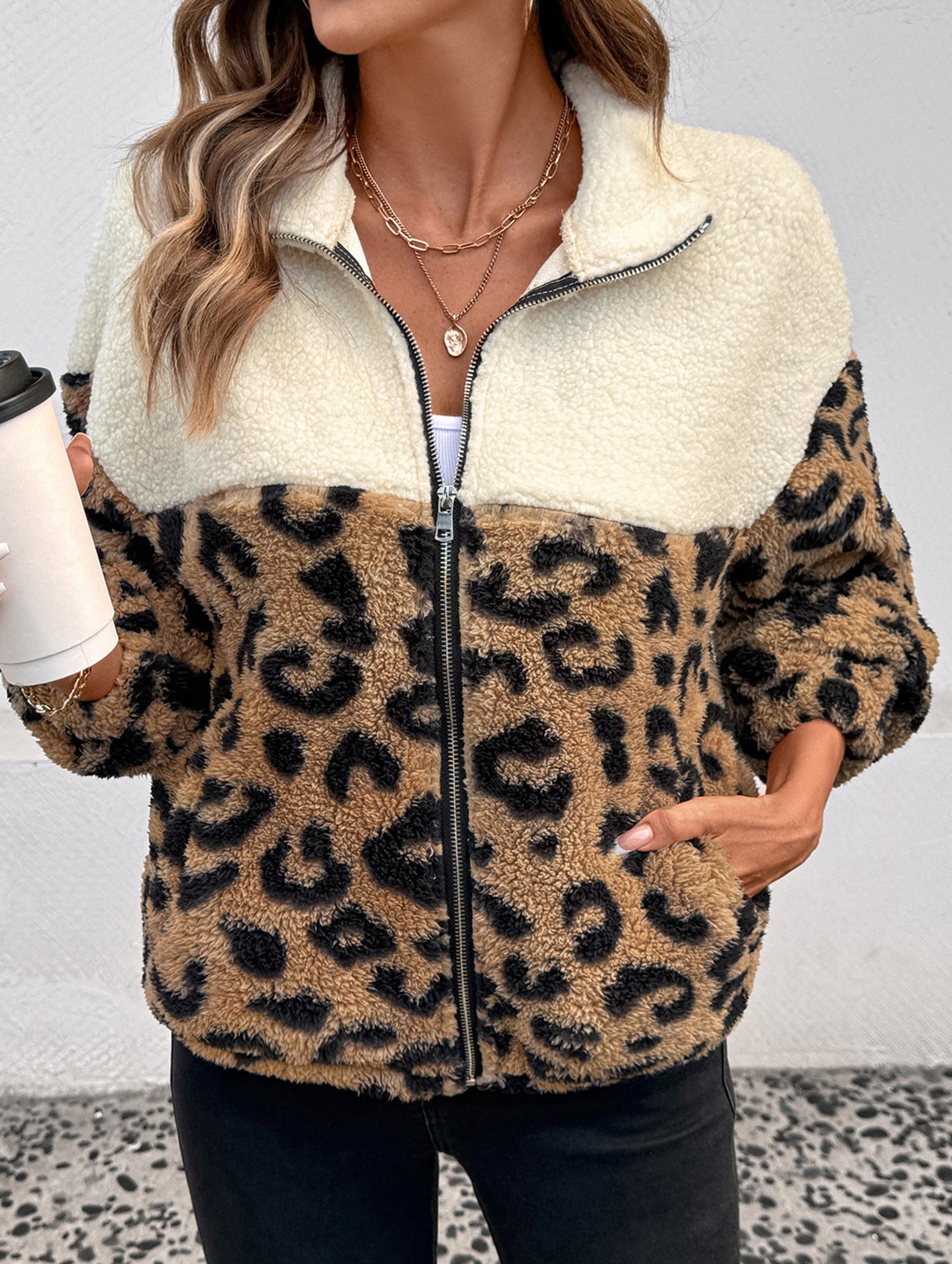 Leopard print wool warm lapel coat