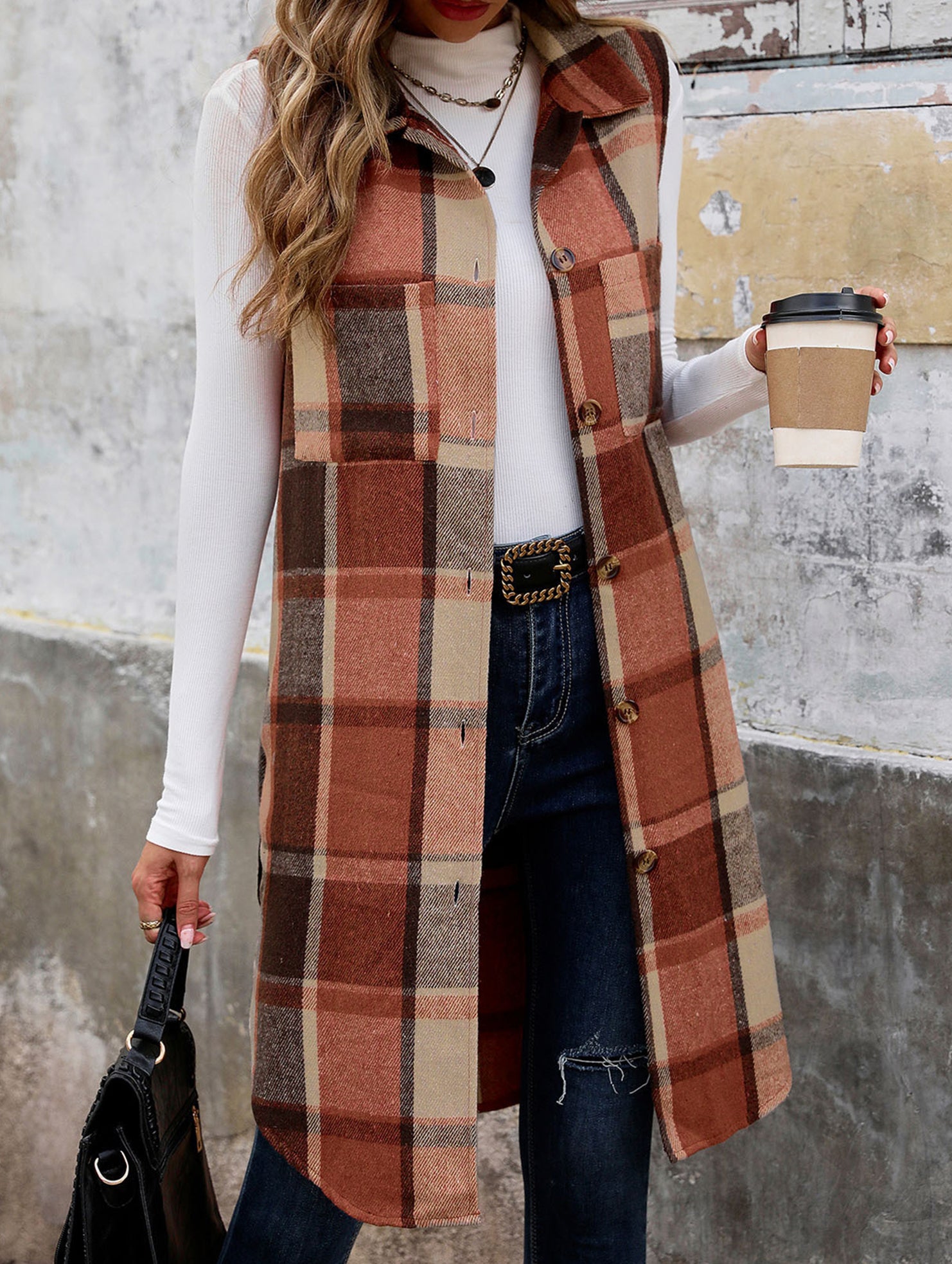 Vintage mid-length sleeveless lapel cardigan