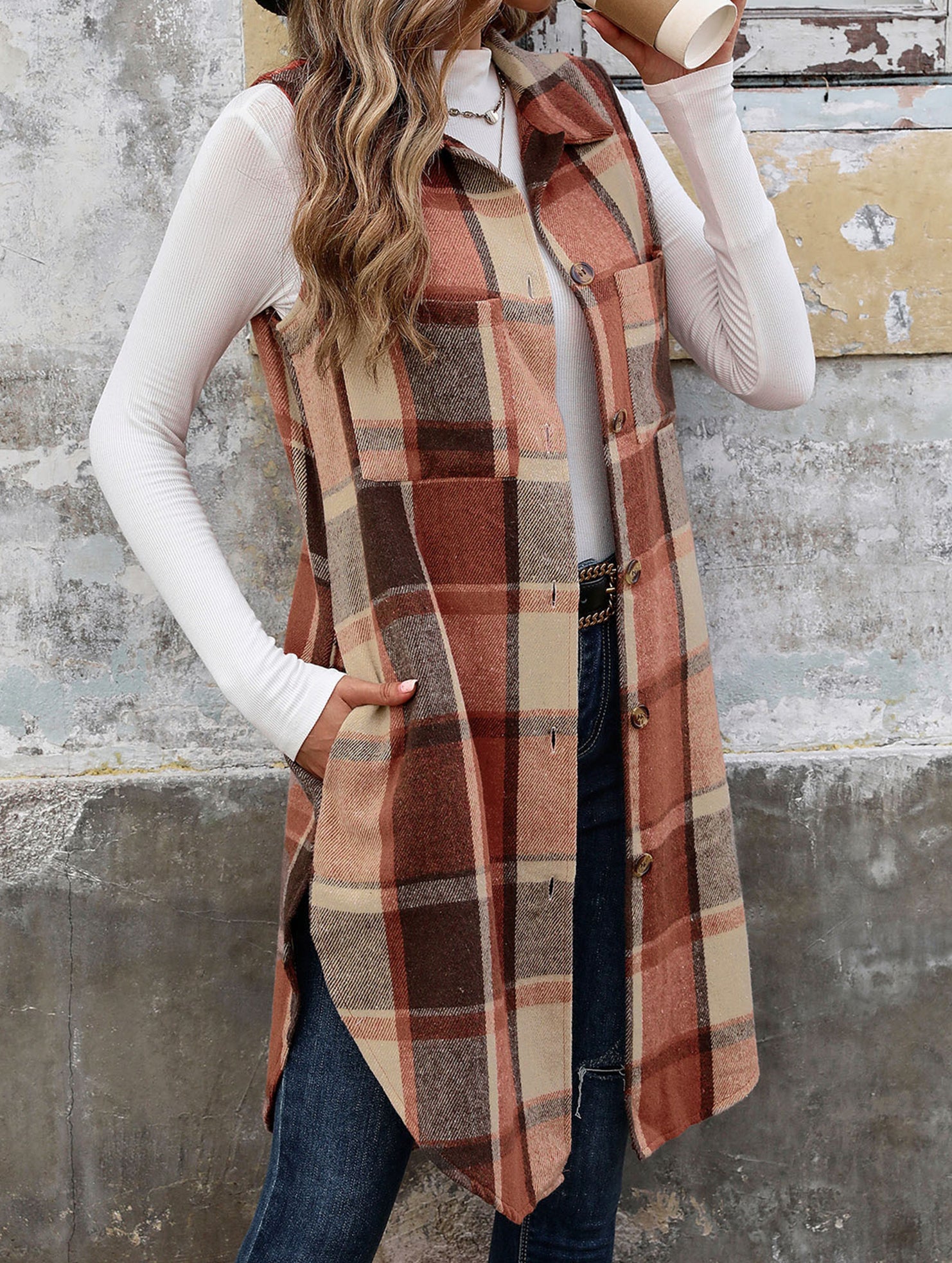 Vintage mid-length sleeveless lapel cardigan