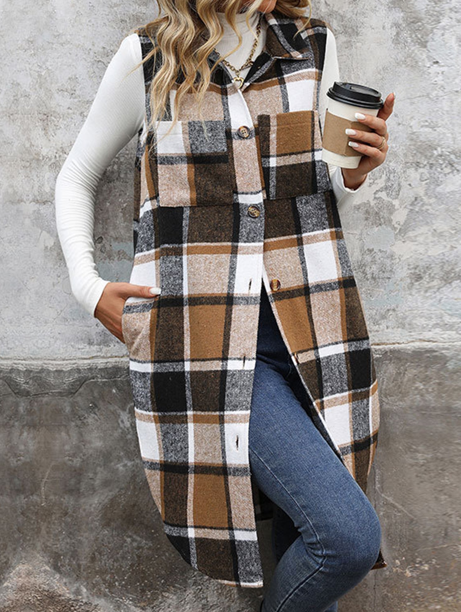 Vintage mid-length sleeveless lapel cardigan