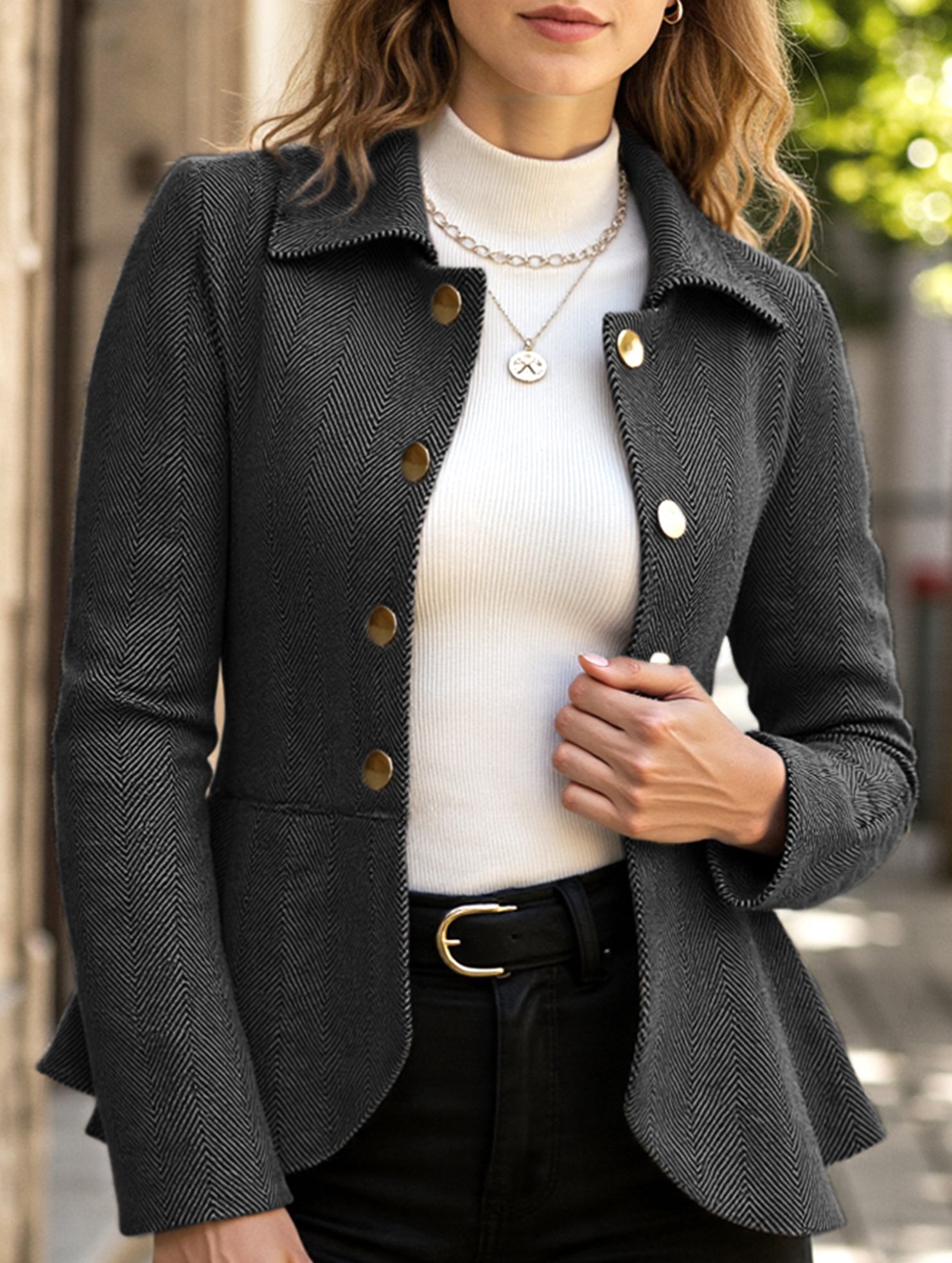 Lapel jacquard ruffle slim double-breasted suit jacket