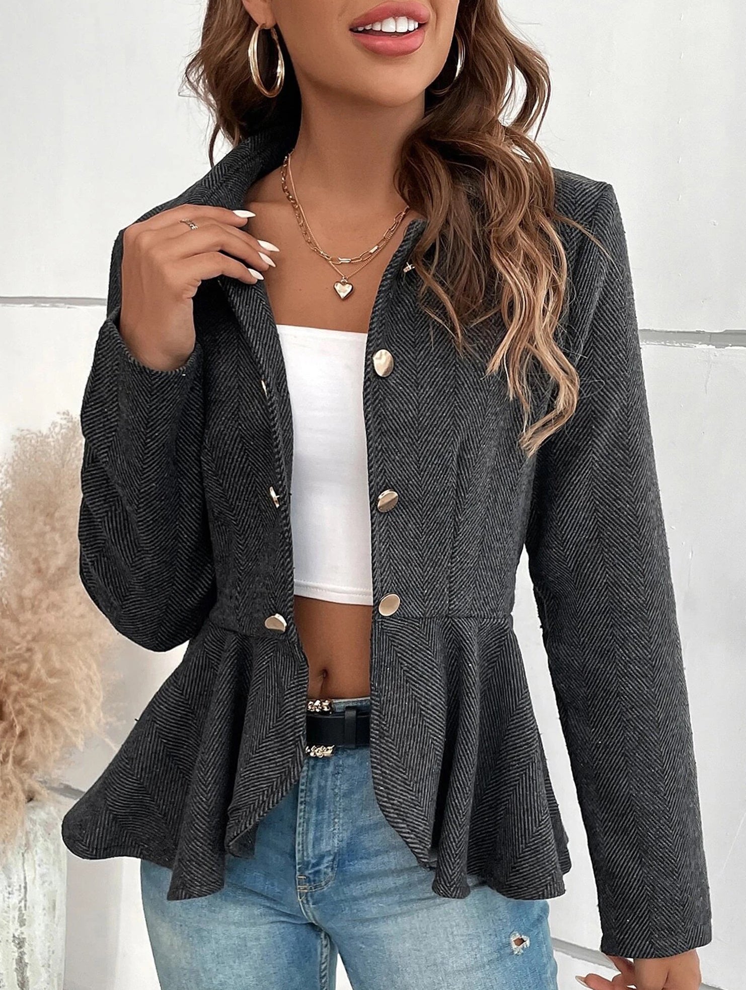 Lapel jacquard ruffle slim double-breasted suit jacket