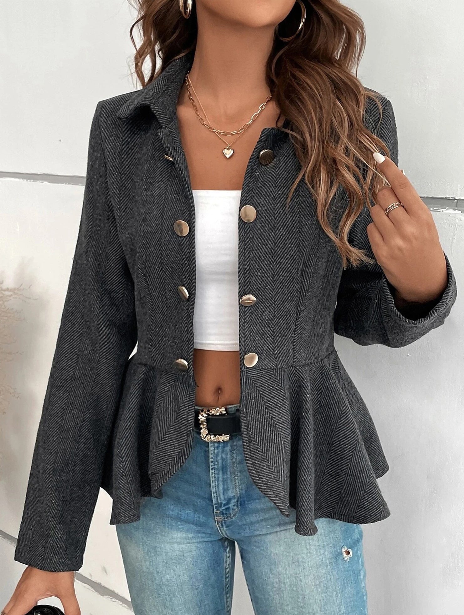 Lapel jacquard ruffle slim double-breasted suit jacket