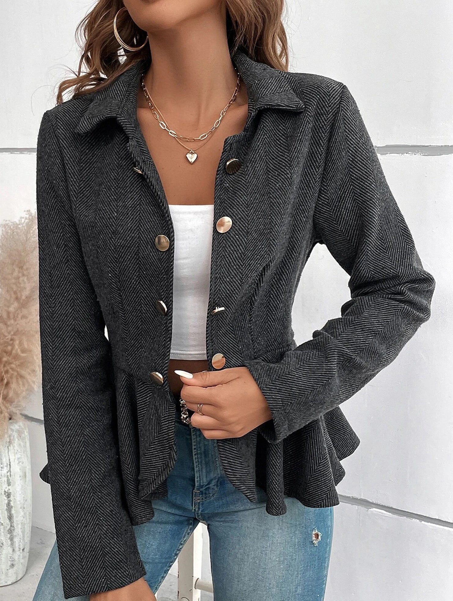 Lapel jacquard ruffle slim double-breasted suit jacket