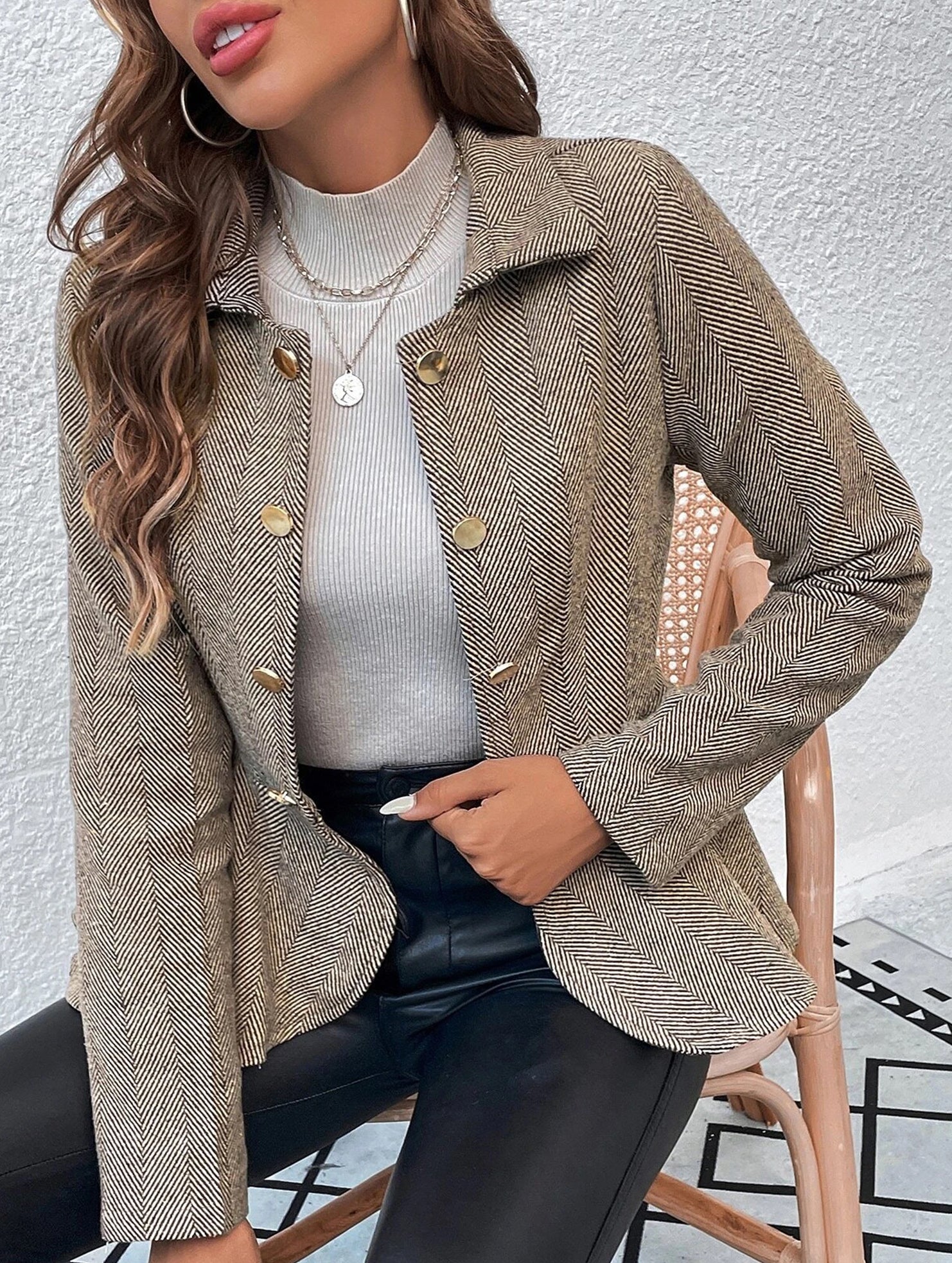 Lapel jacquard ruffle slim double-breasted suit jacket