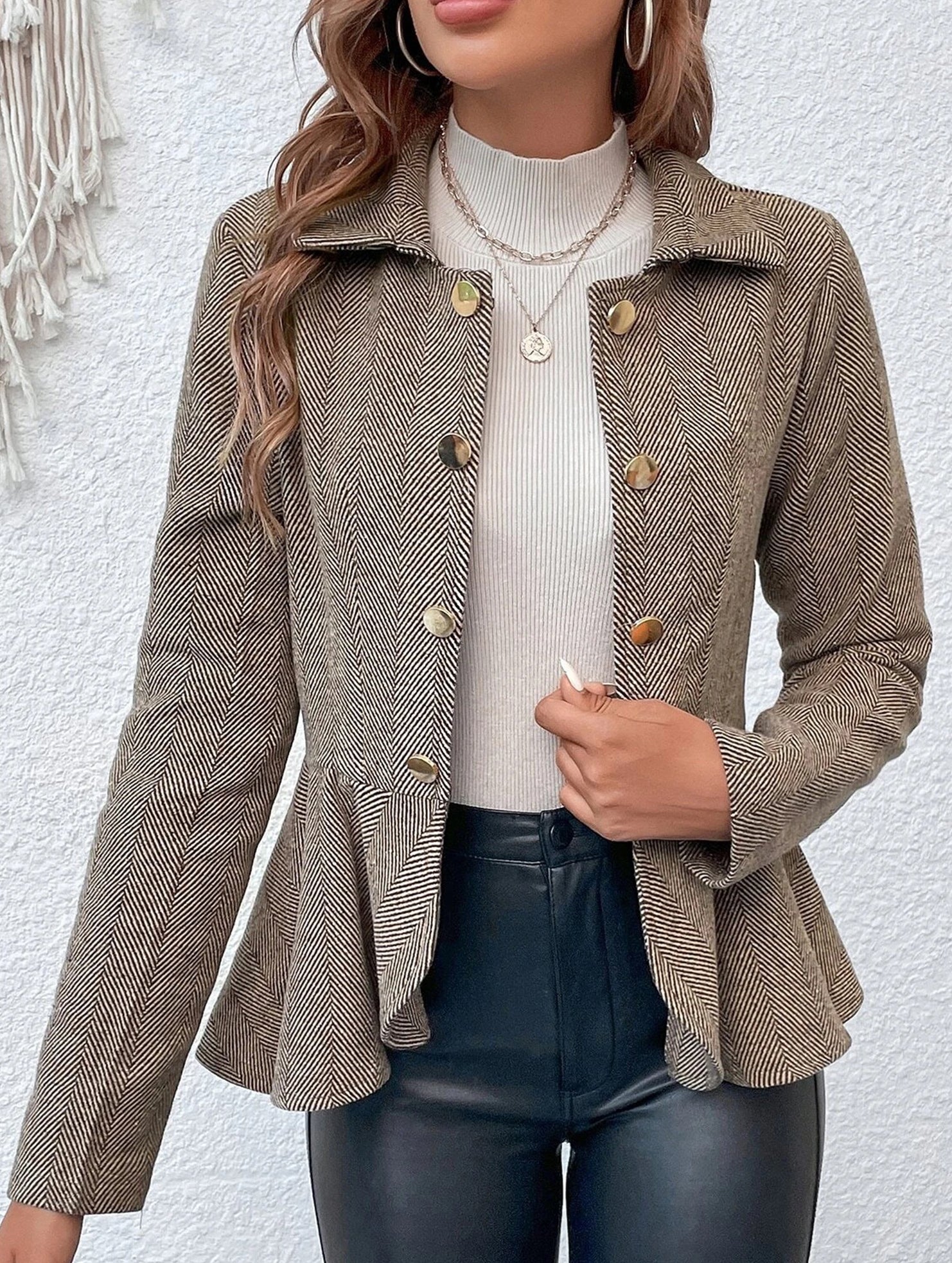 Lapel jacquard ruffle slim double-breasted suit jacket