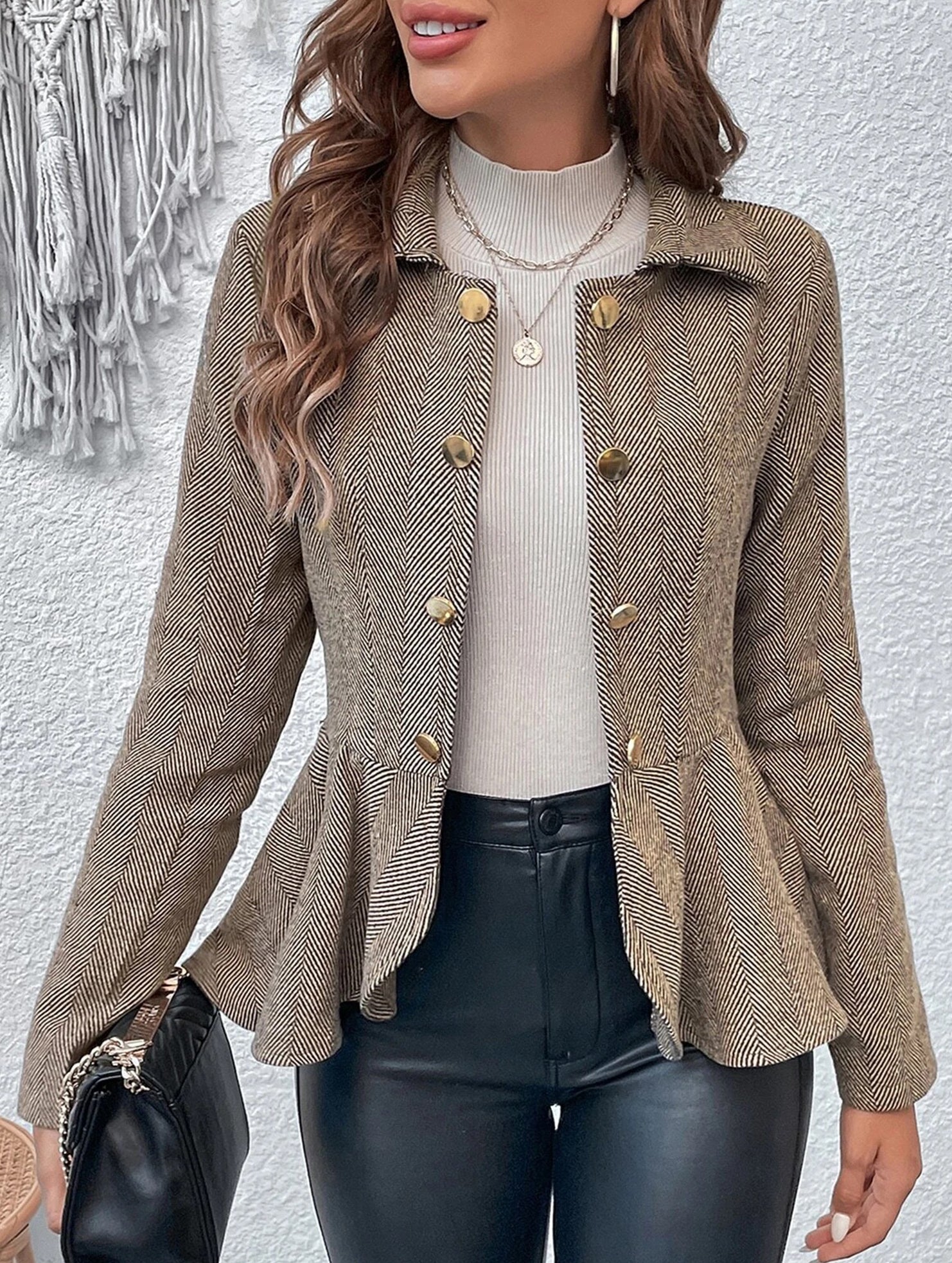 Lapel jacquard ruffle slim double-breasted suit jacket