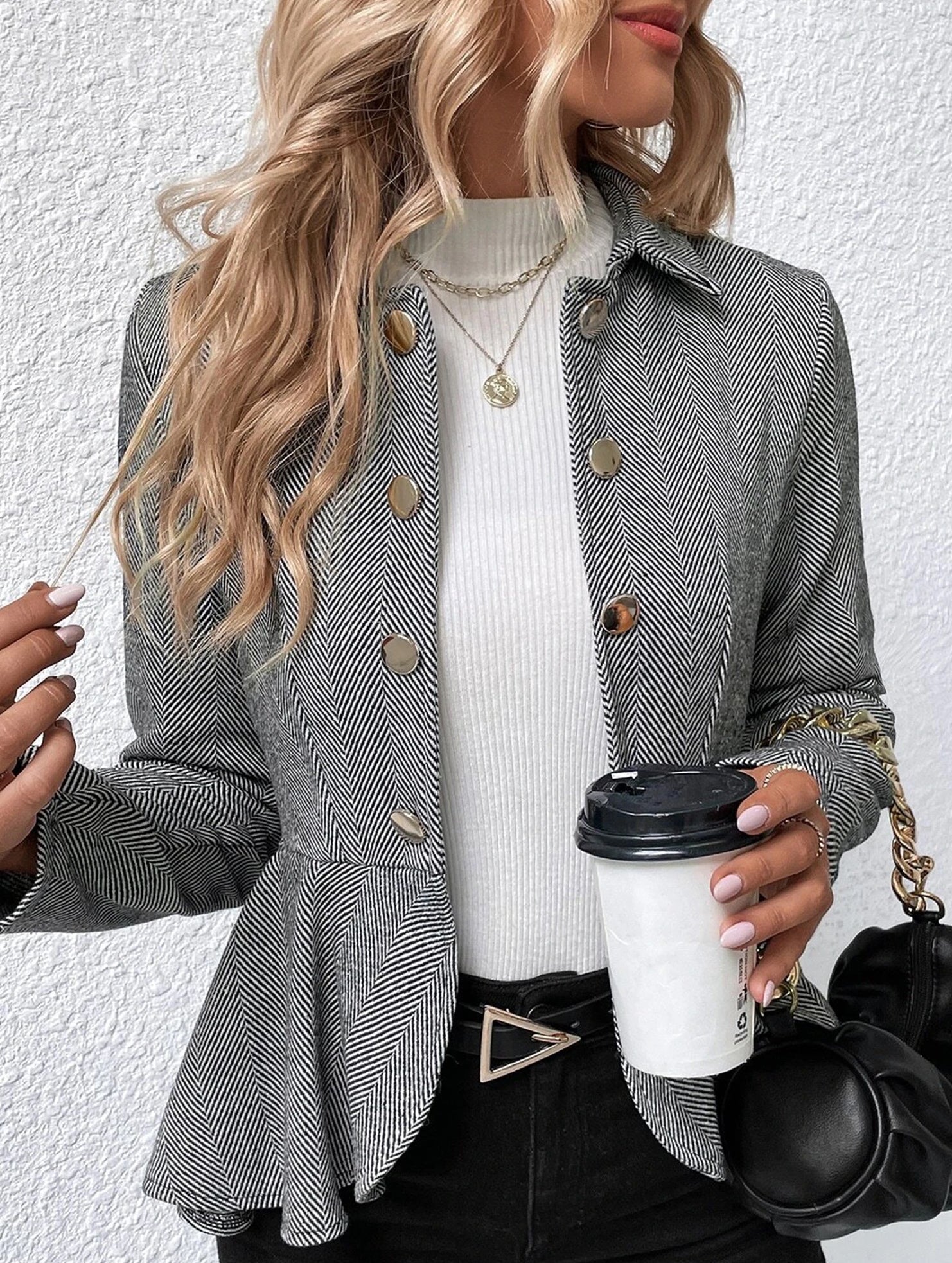 Lapel jacquard ruffle slim double-breasted suit jacket