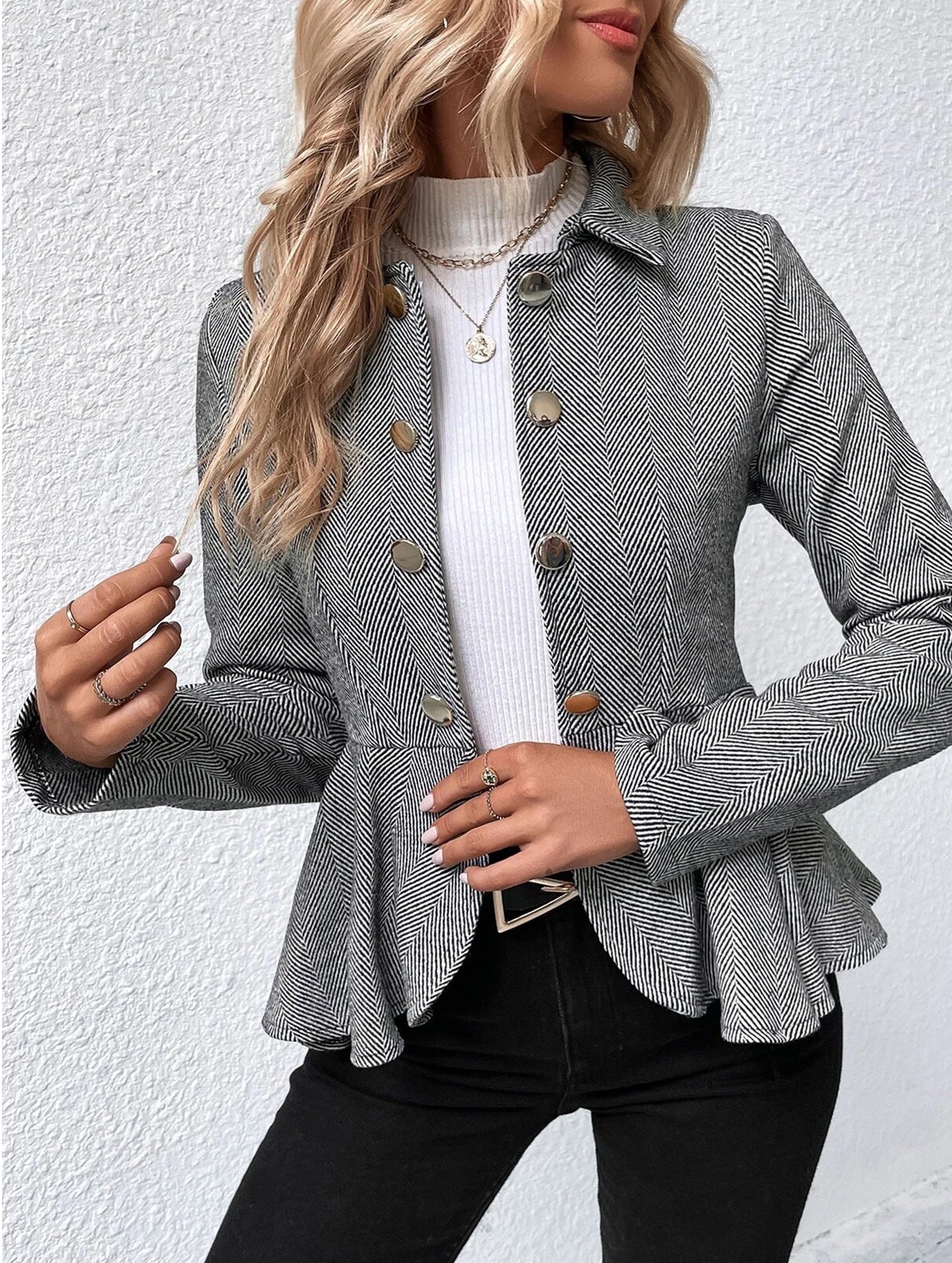 Lapel jacquard ruffle slim double-breasted suit jacket