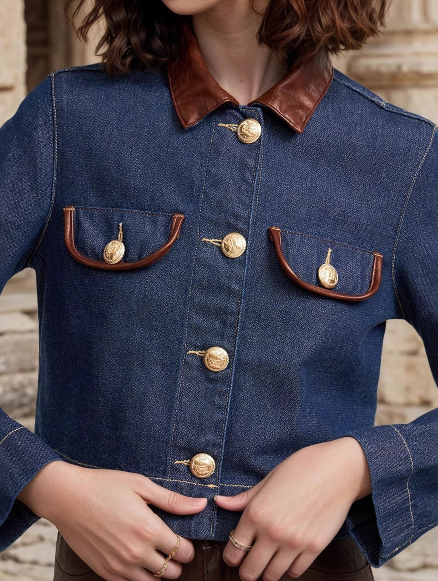 Button-embellished leather collar denim jacket