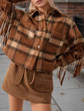 Retro plaid sleeve side fringe short coat