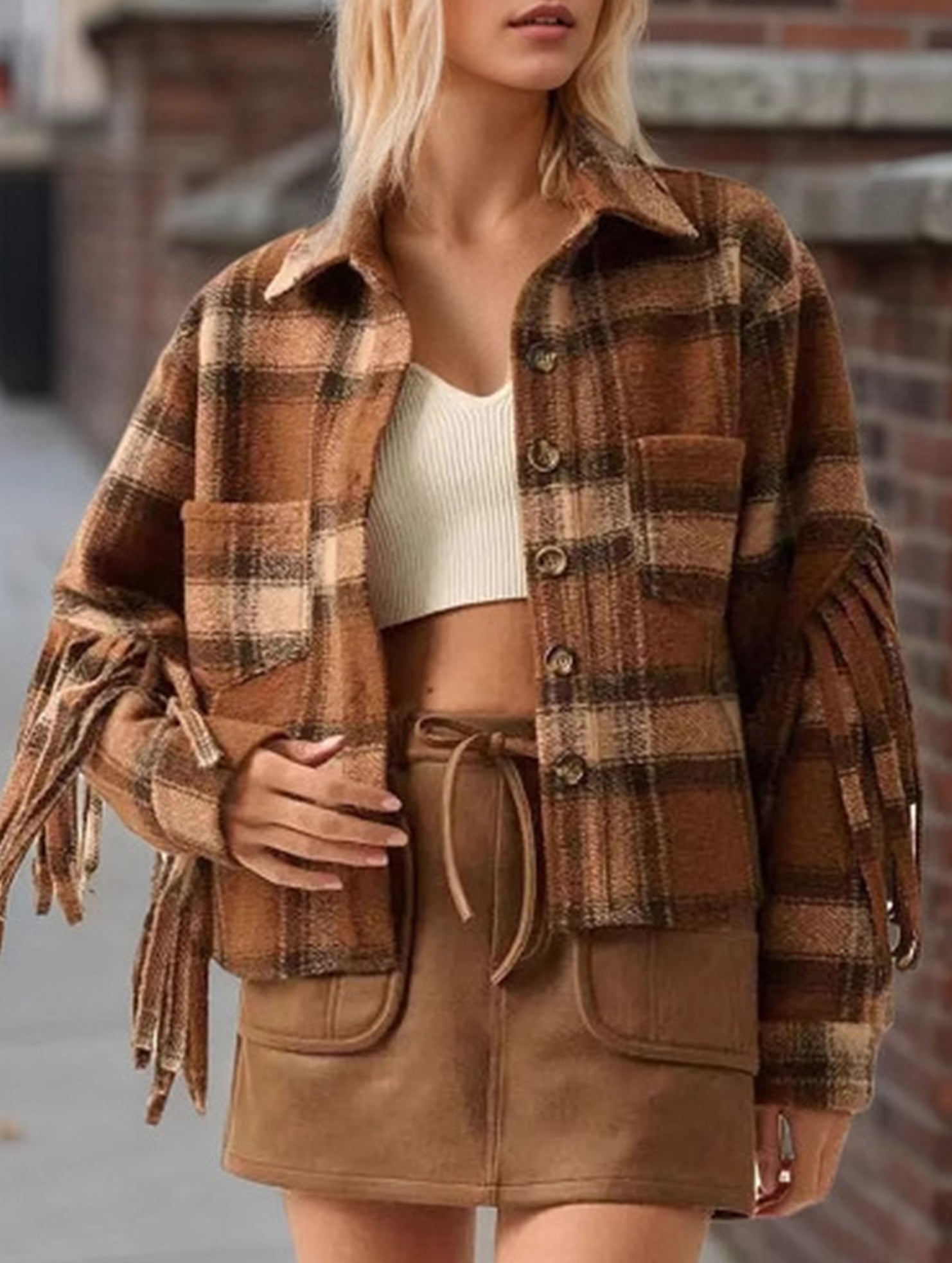 Retro plaid sleeve side fringe short coat