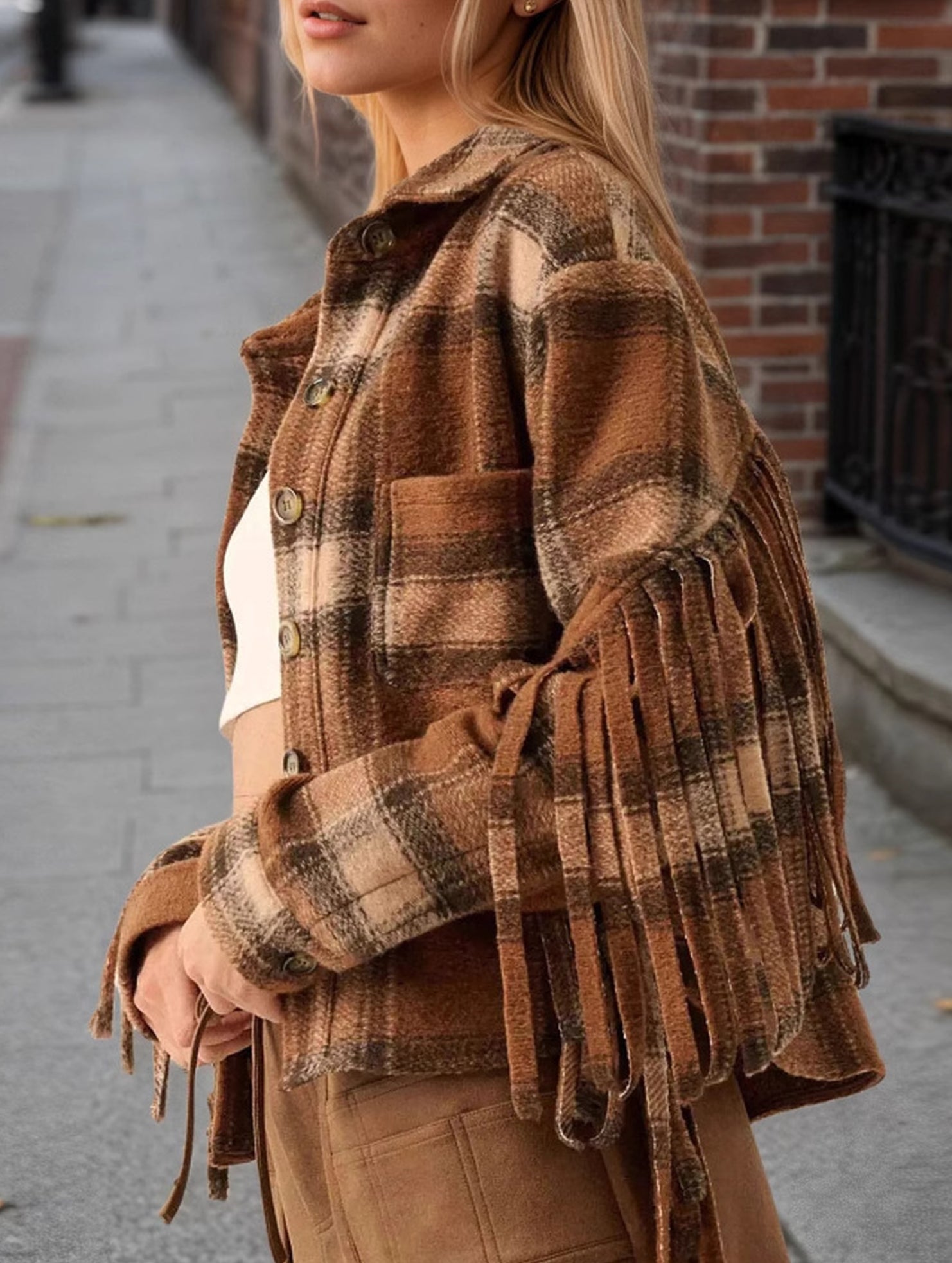 Retro plaid sleeve side fringe short coat