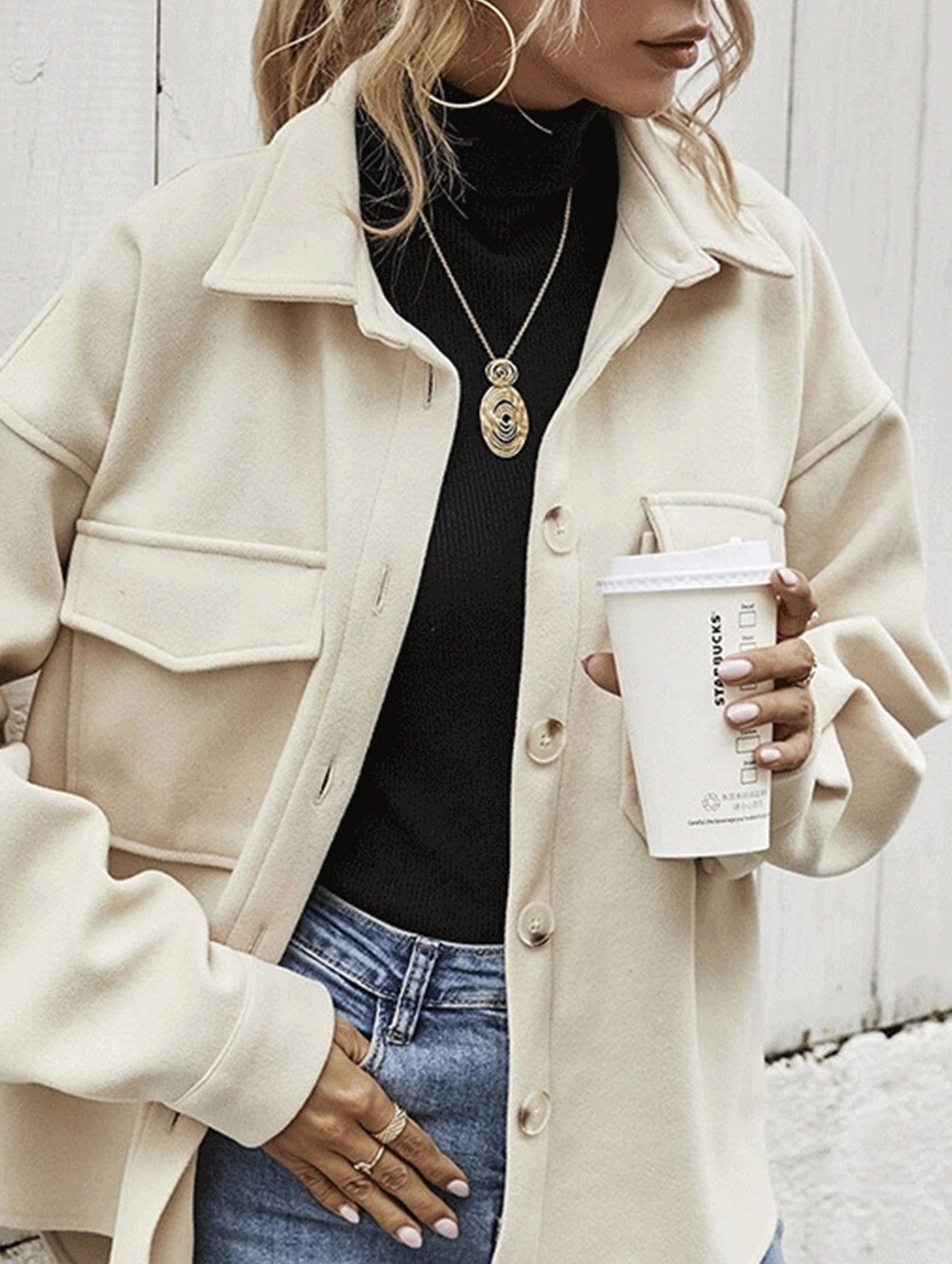 Lapel single-breasted thick solid color loose coat