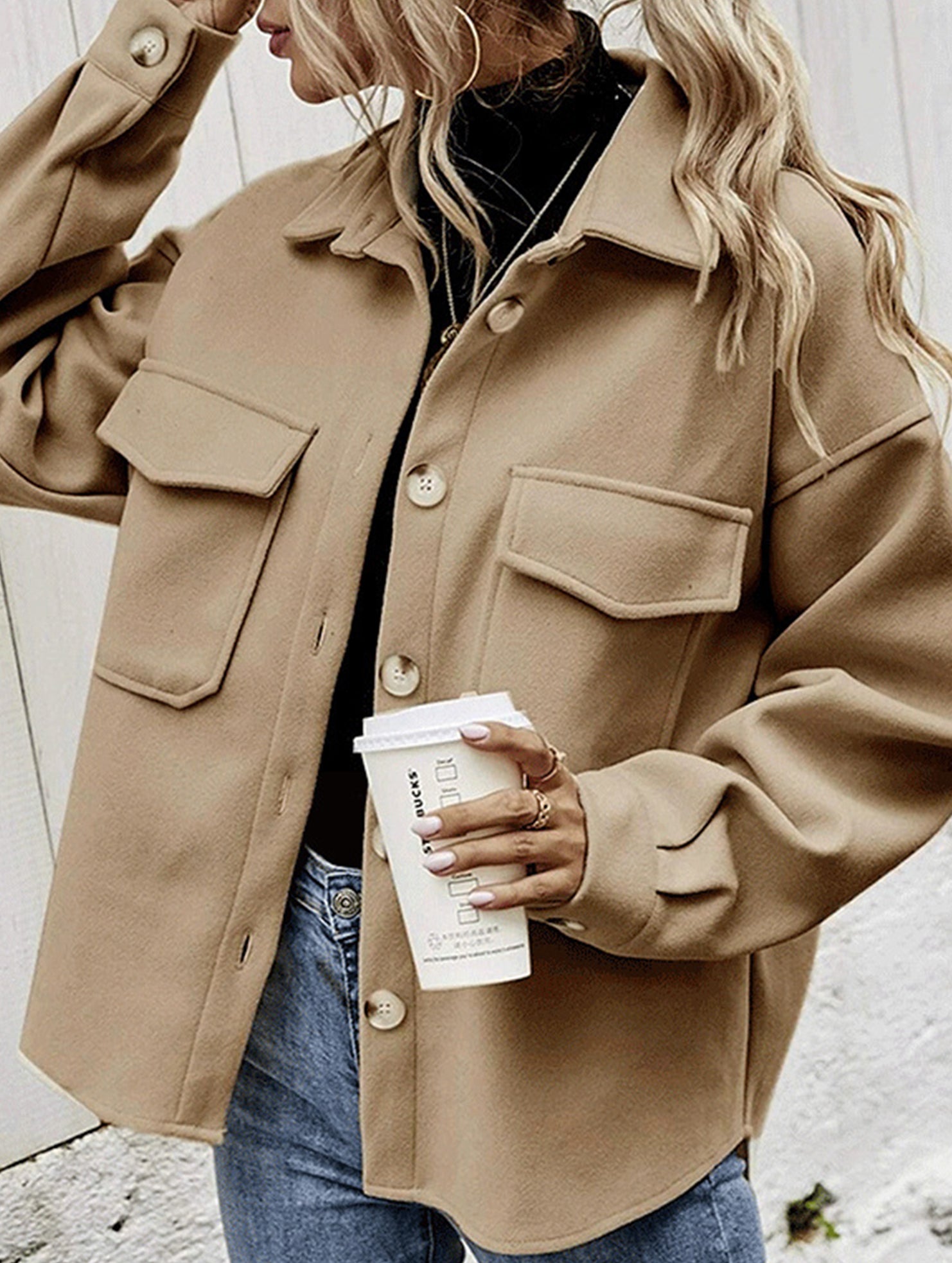 Lapel single-breasted thick solid color loose coat