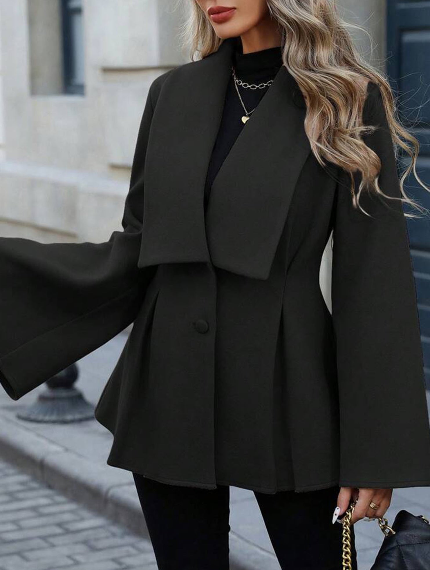 Waisted large lapel pleated jacket