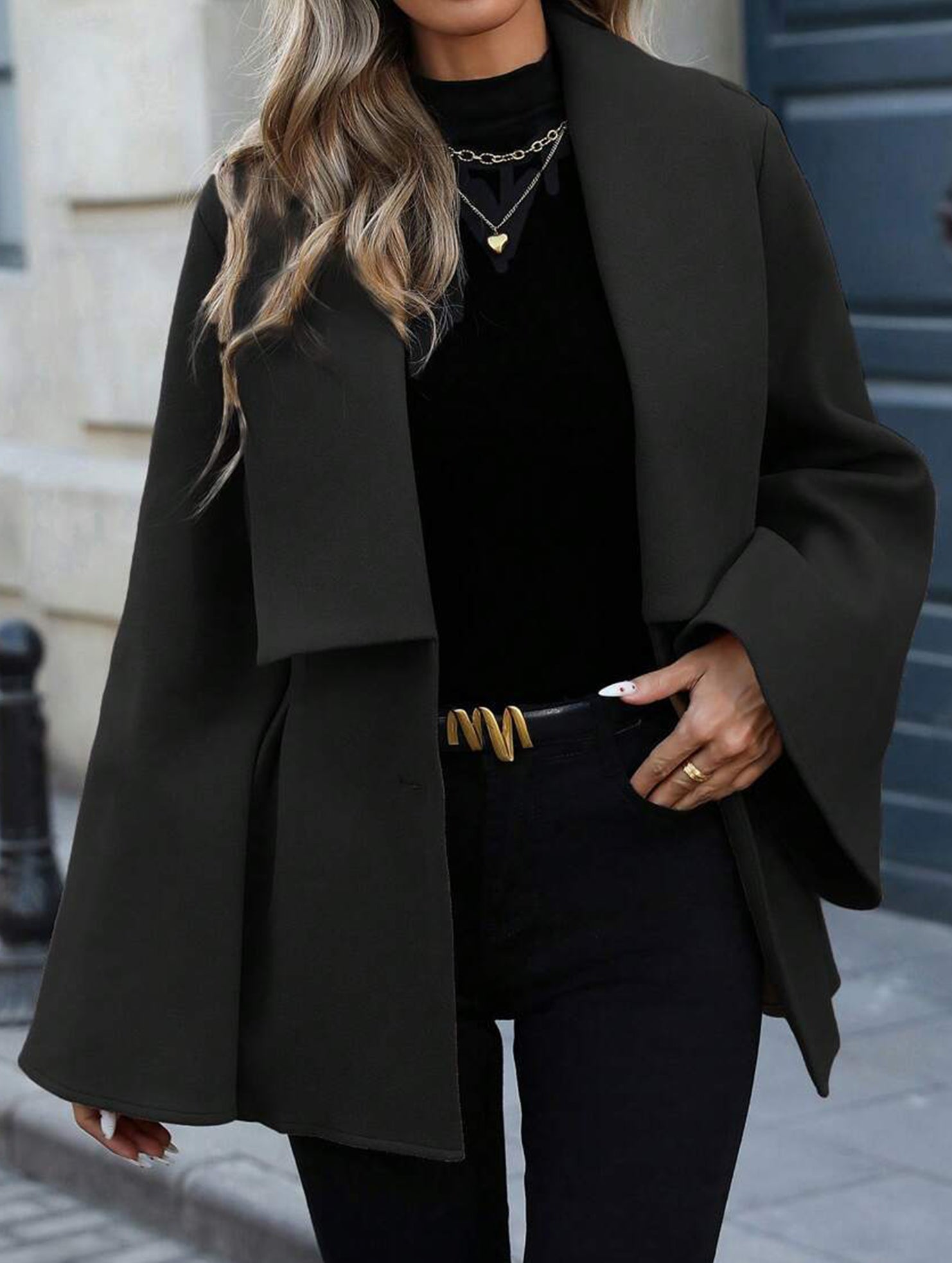 Waisted large lapel pleated jacket