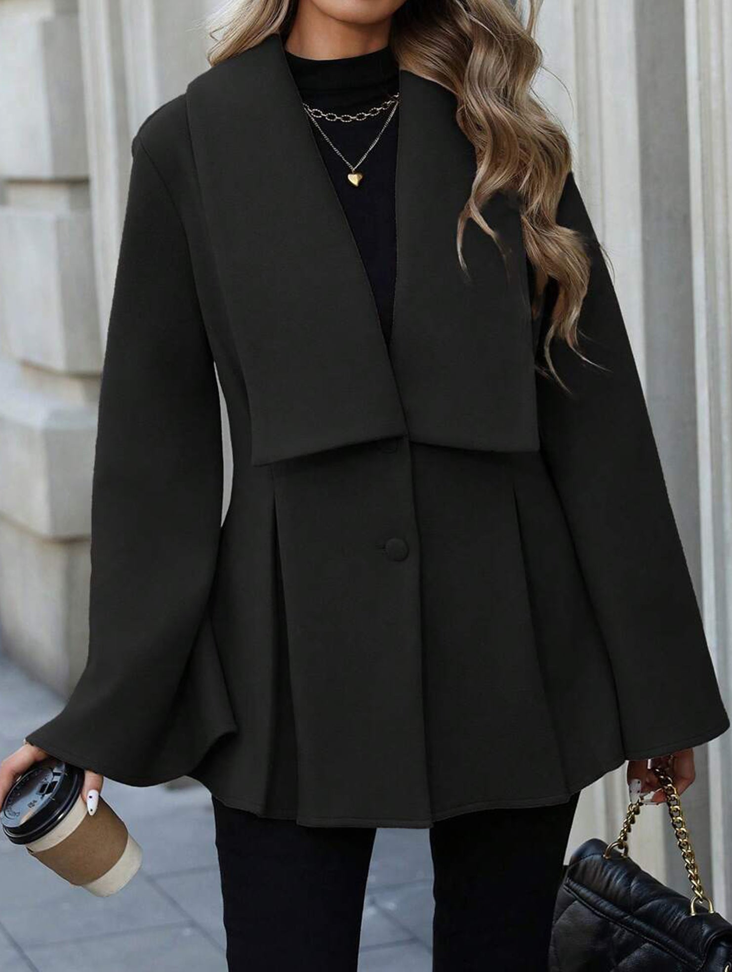 Waisted large lapel pleated jacket