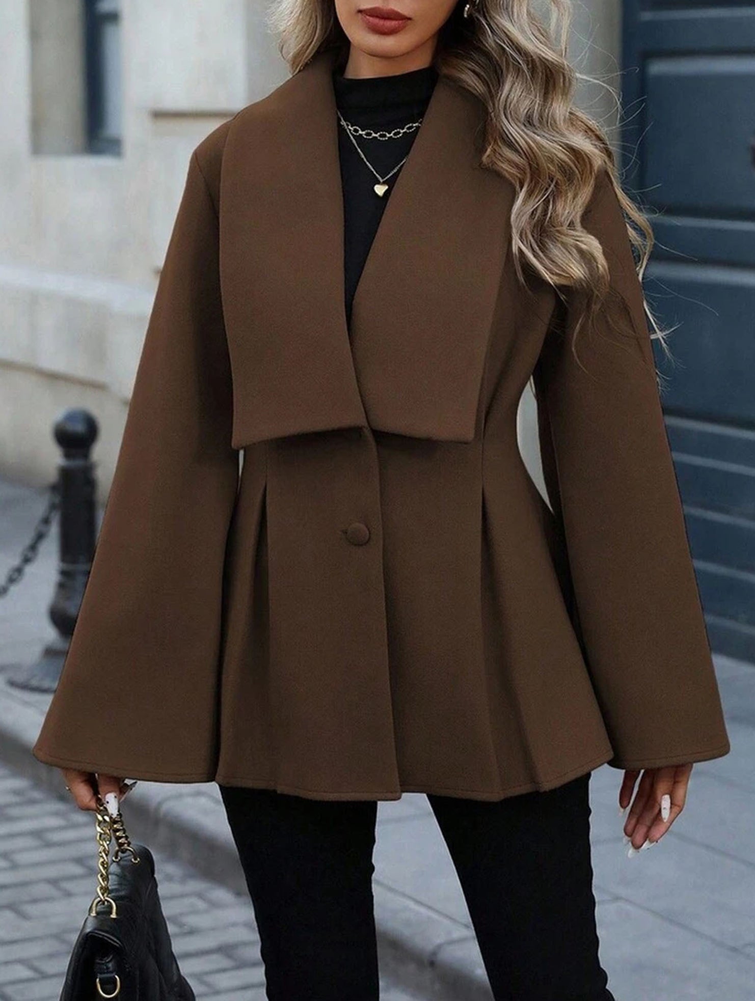 Waisted large lapel pleated jacket