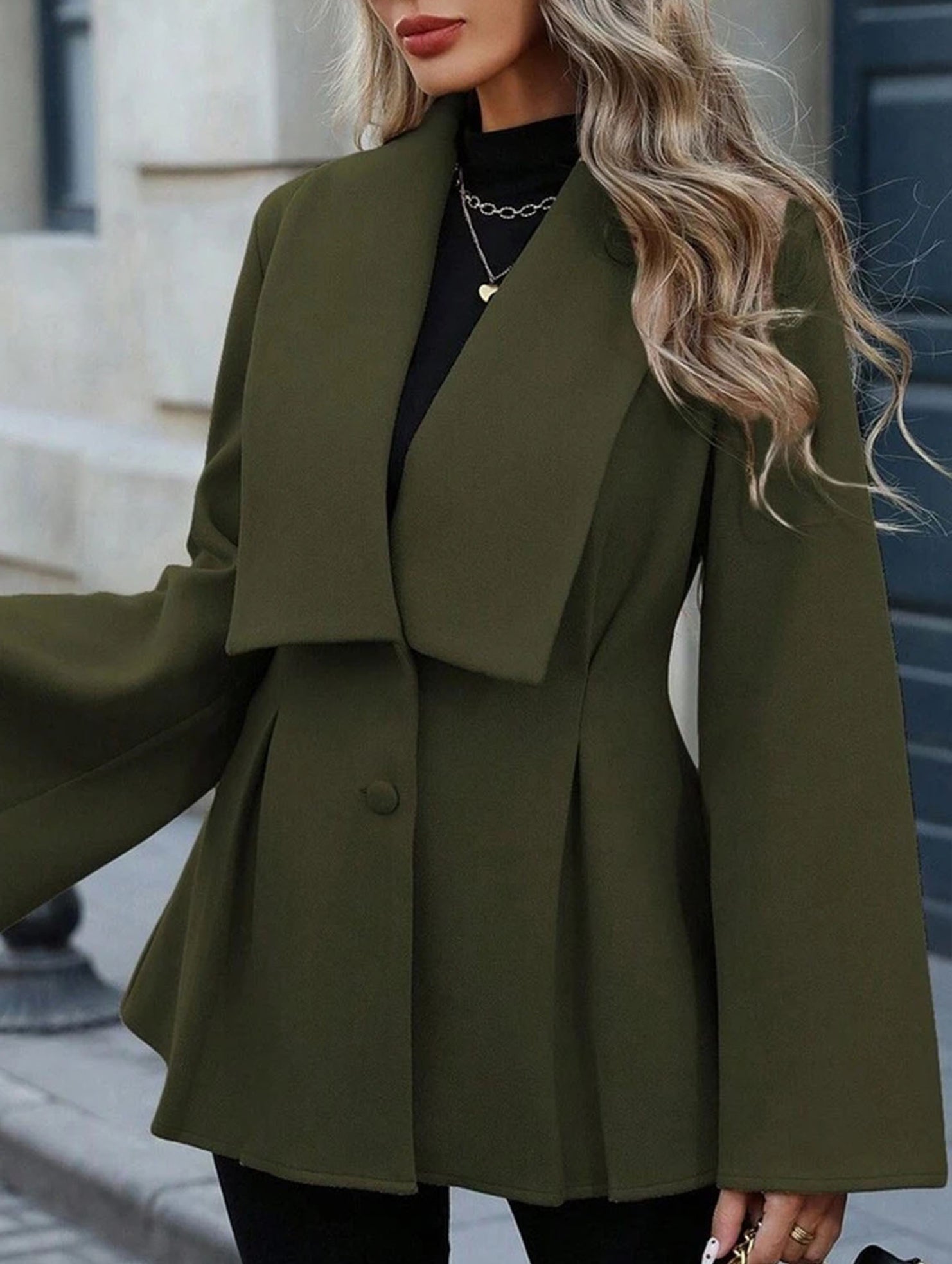 Waisted large lapel pleated jacket