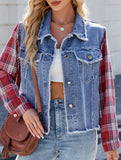 Washed long-sleeved plaid tassel denim jacket