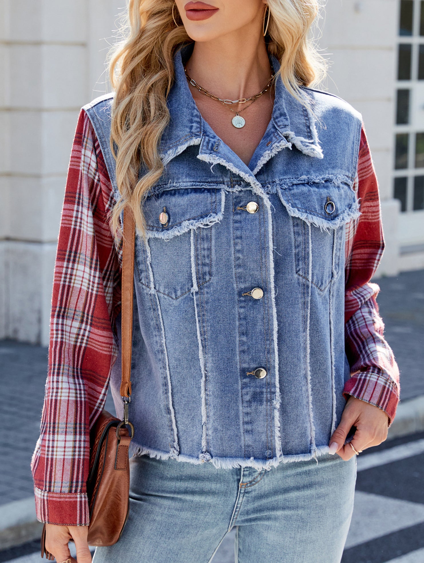 Washed long-sleeved plaid tassel denim jacket