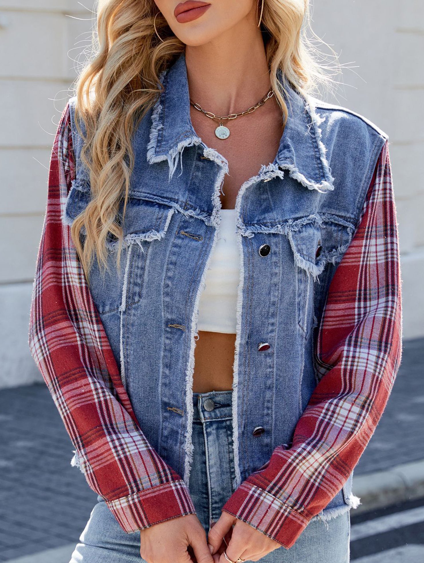 Washed long-sleeved plaid tassel denim jacket