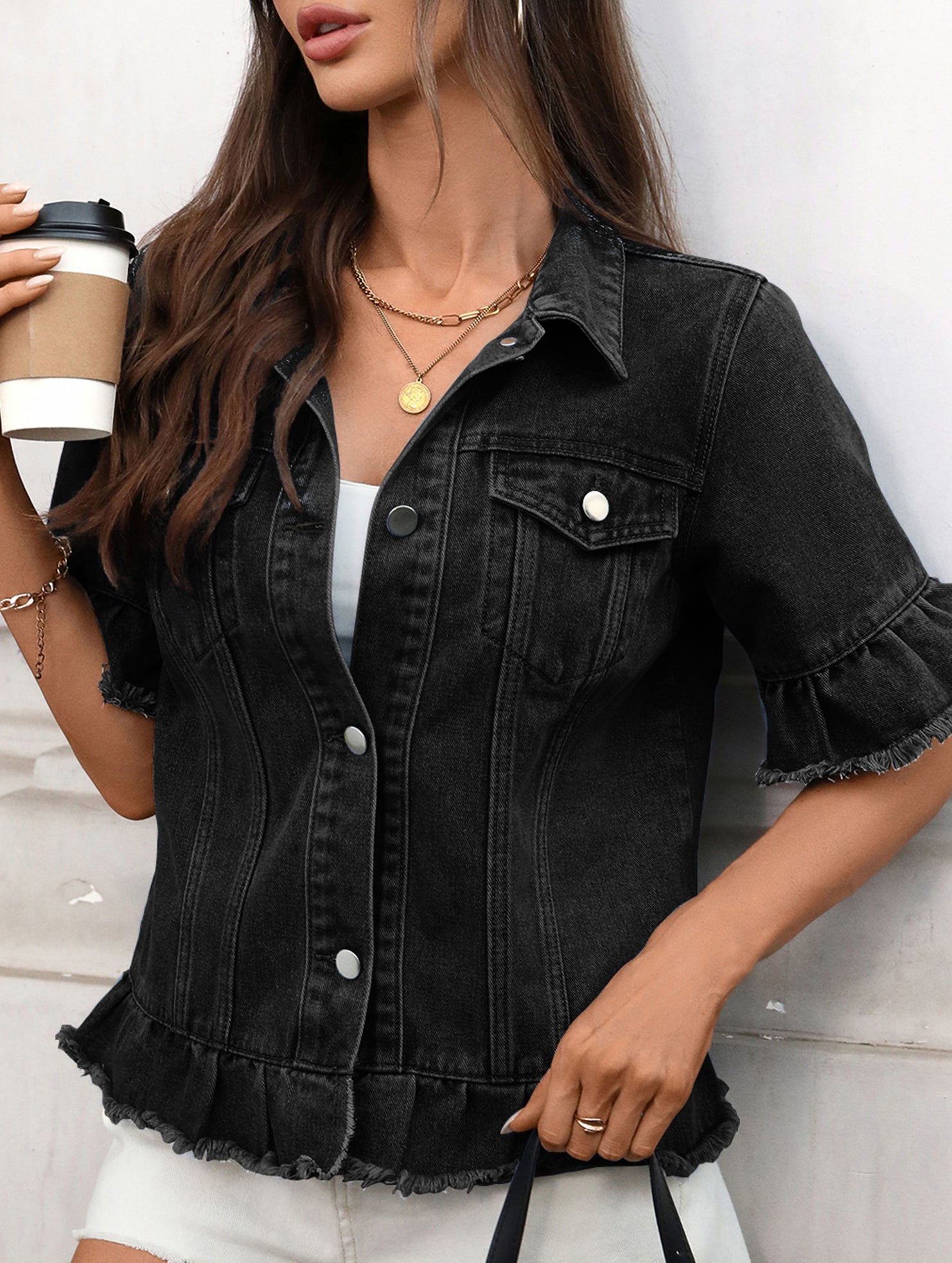 fringed hem short-sleeved denim jacket