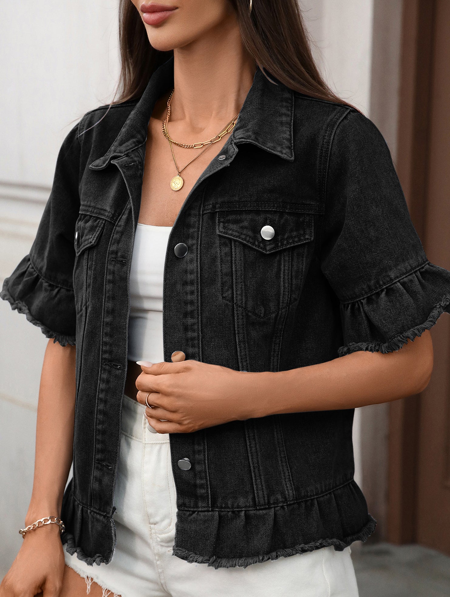 fringed hem short-sleeved denim jacket