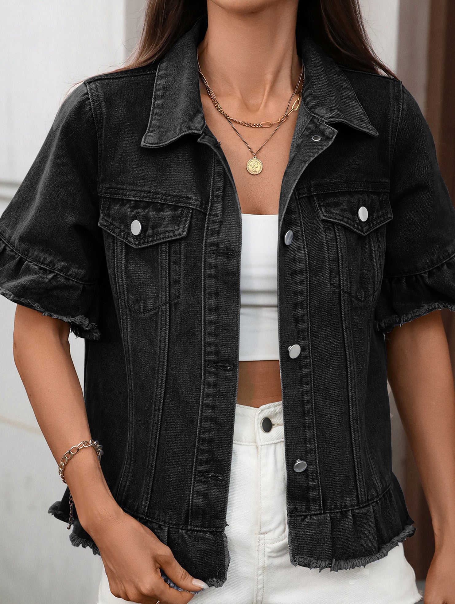 fringed hem short-sleeved denim jacket