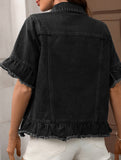 fringed hem short-sleeved denim jacket